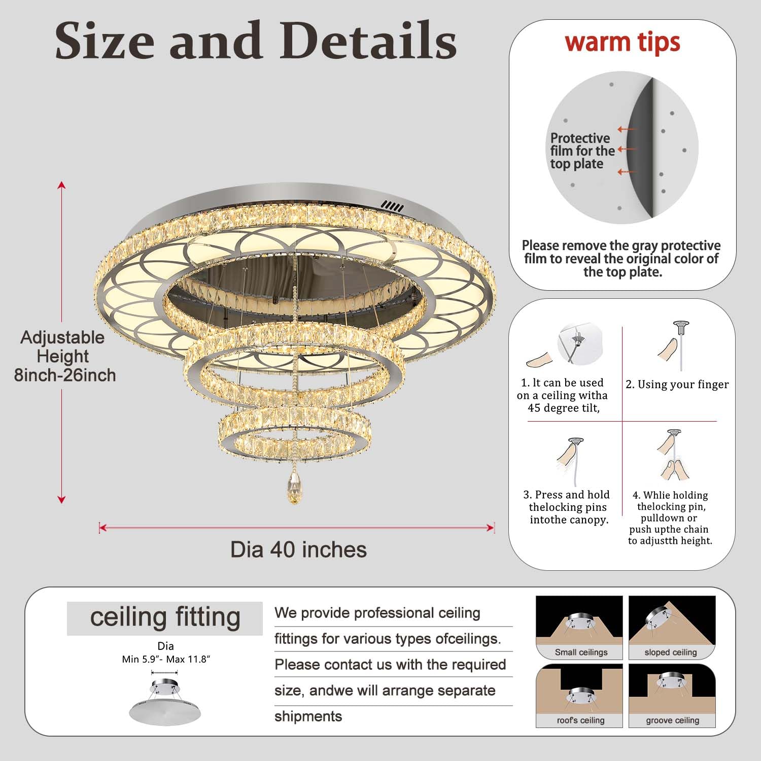 Flashing God W40 Crystal Chandelier - Modern Flush Mount, Dimmable, Silver, 40in, Model: MMQ0268-100CM-F, Ideal for Living Room and Foyer