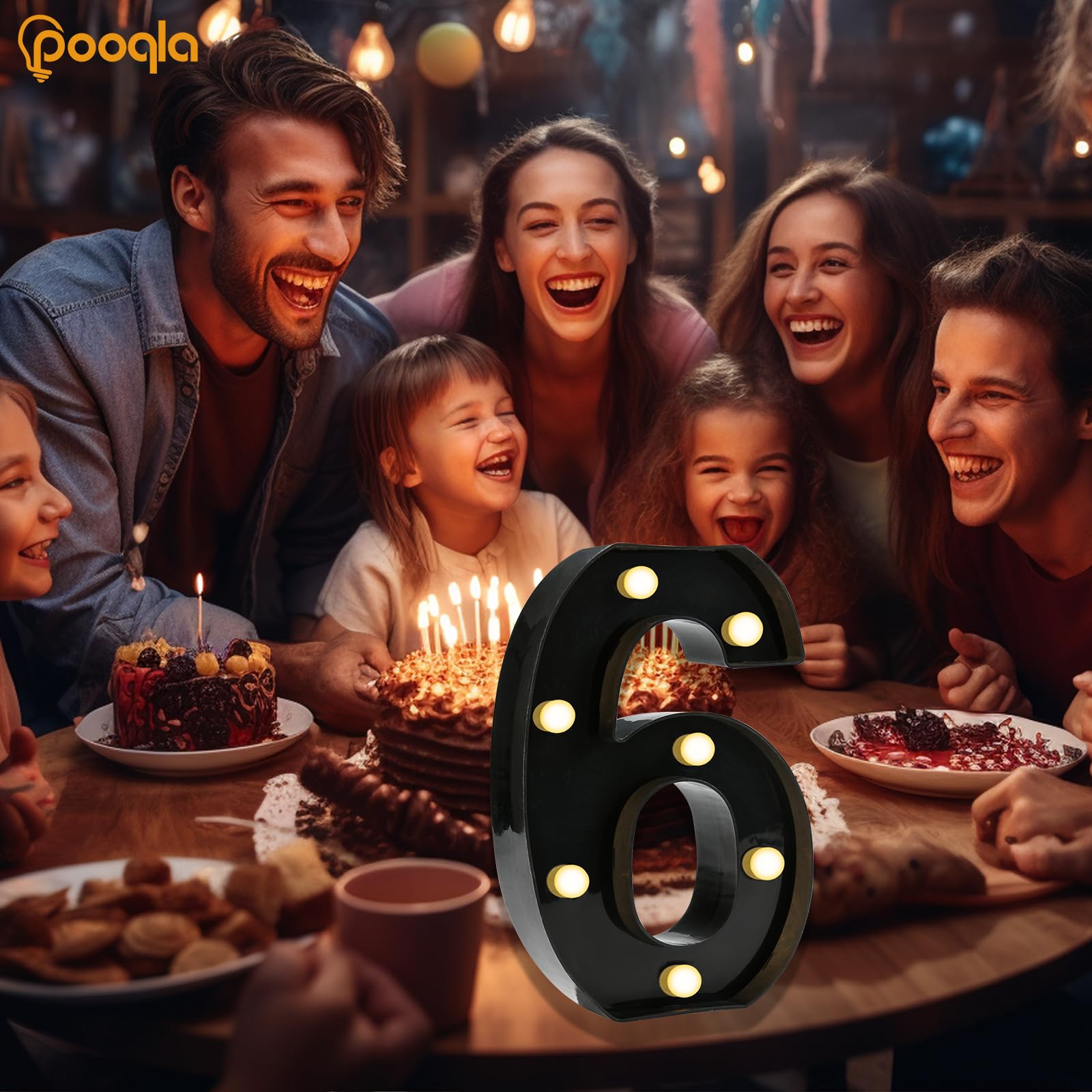 Pooqla Decorative Led Light Up Number Letters, Black Plastic Marquee Number Lights Sign For 6Th 16Th 60Th Birthday Party Wedding Decor Battery Operated Black Number 6