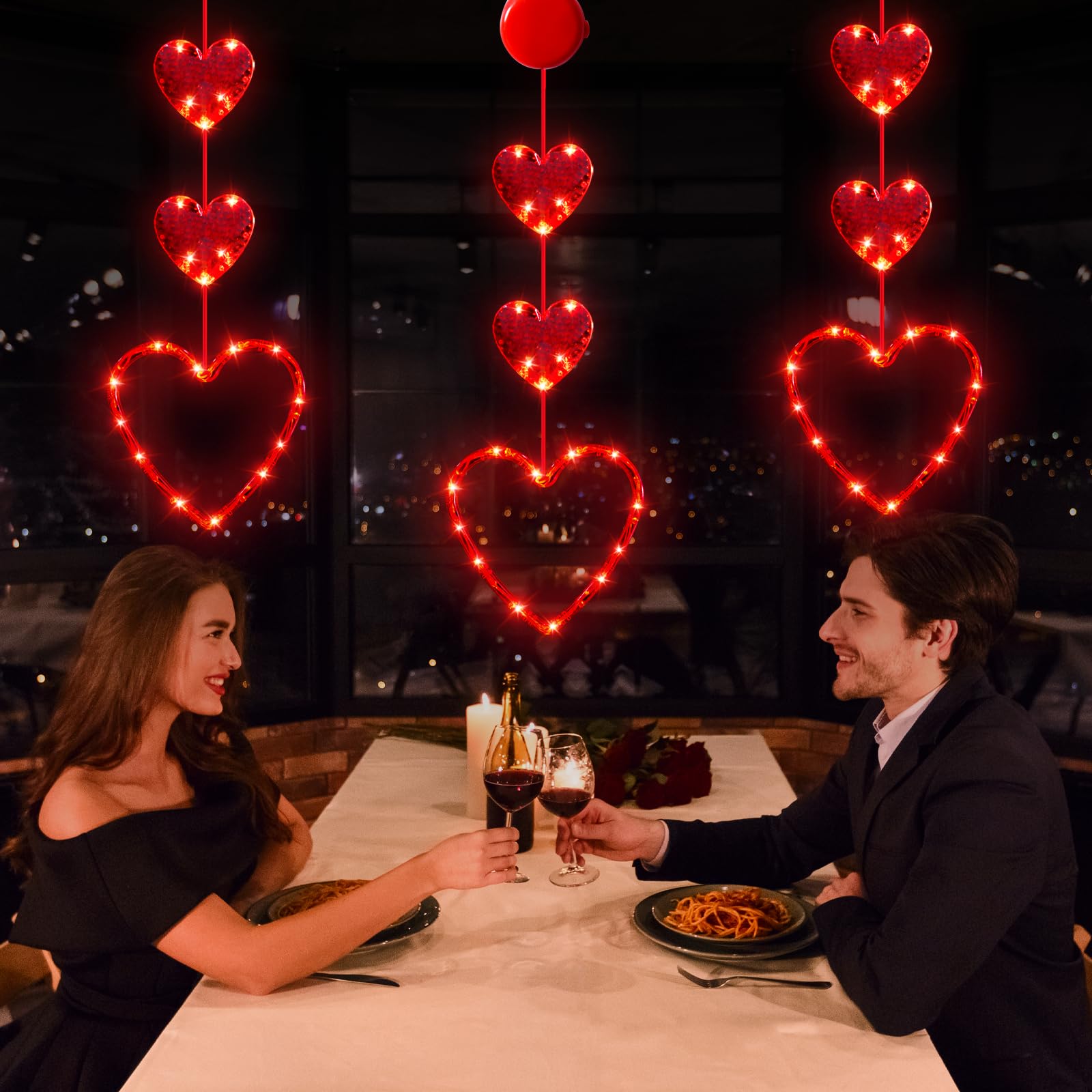 LYUBASA 3 Pack Valentines Day Window Lights Decorations with Timer, Battery Powered Hanging Red Lighted Heart Shaped Silhouette