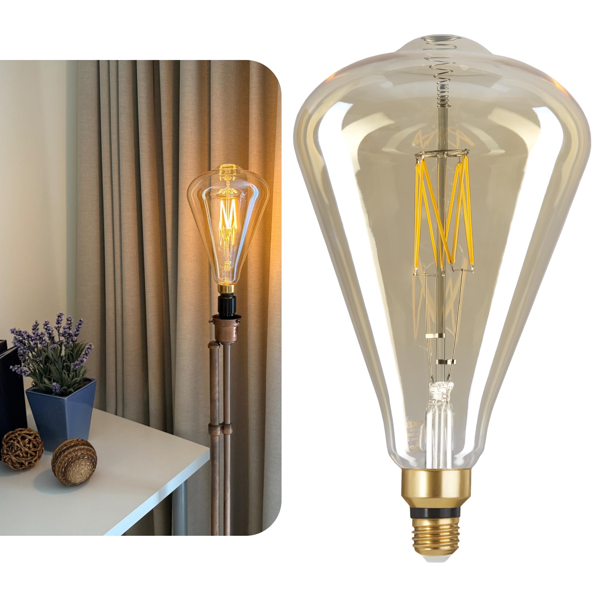 Oversized Edison LED Light Huge Bulb Vintage ST164 7W Equivalent 60W - Dimmable 2200K Warm Amber Glow - 650 Lumens - E26 Base -