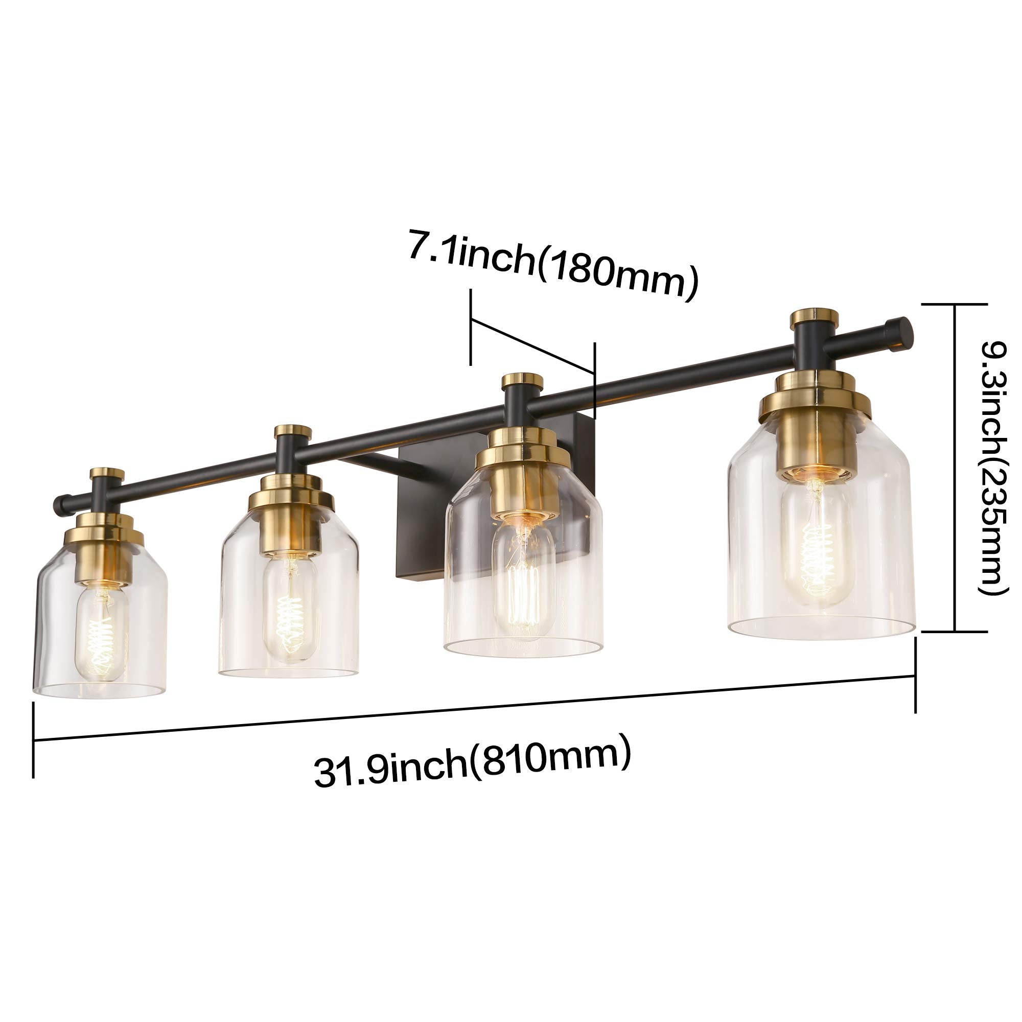 SOLFART Vintage Vanity Light Fixture, 4 Lights, Clear Glass & Black Brass, Model 7900-4T