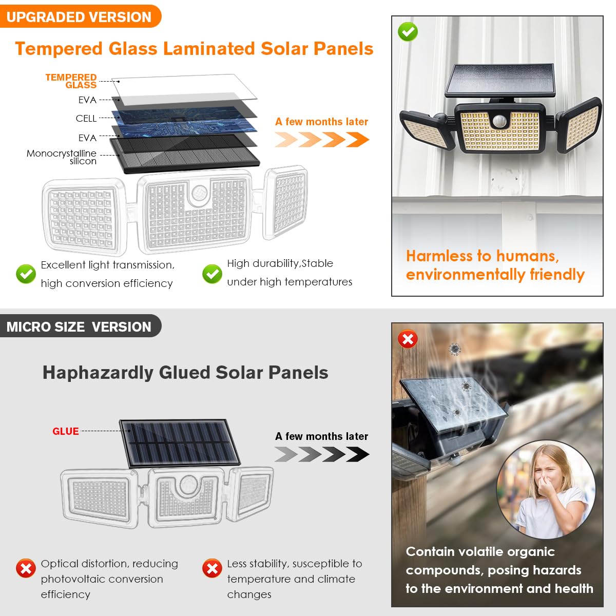 MIHANI Solar Lights Outdoor, 3 Head Motion Sensor, 2500LM, 232 LEDs, Black, Tempered Glass, 2-Pack, Model MHN