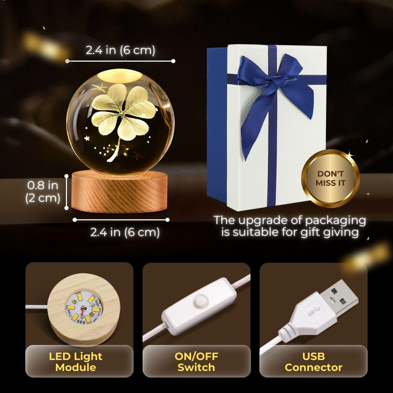 Flexzion 3D Clover Crystal Ball Night Light - Led Light Hologram Glass Lamp With Solid Wood Base  Usb Powered Crystal Ball Lamp With Adjustable Brightness For Home Decor Display Gift  2.4Inch(60Mm)