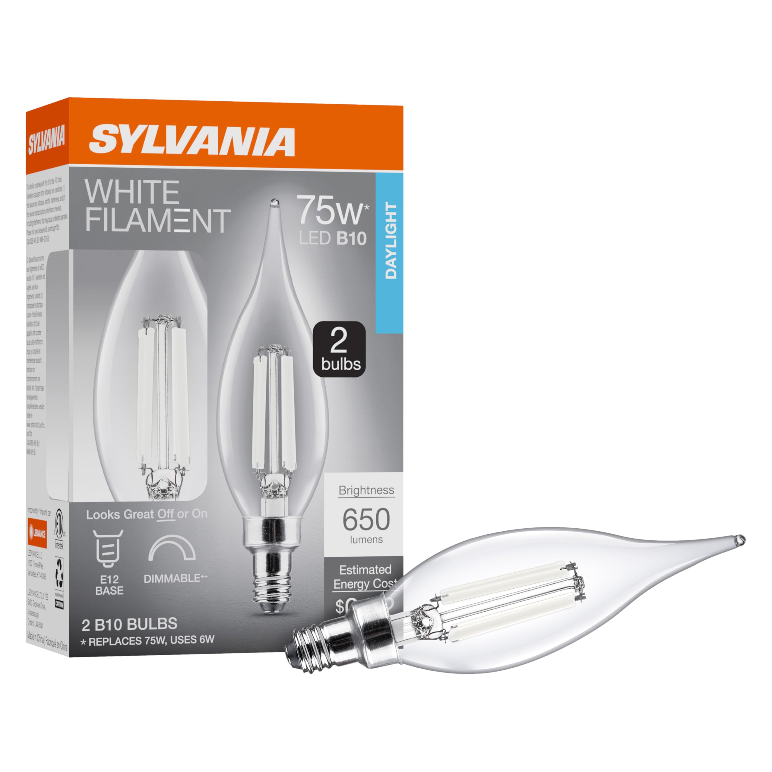 Sylvania B10 Clear Led White Filament Bulb, 6W, Dimmable, 650 Lms, Candelabra Base, 5000K, Daylight - 2 Pack (42259)