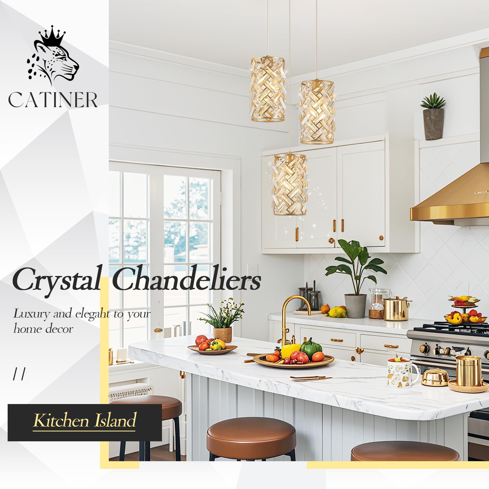 Catiner 3-Light Modern Gold Crystal Pendant Light Luxury Mini Chandelier, Adjustable Cluster Pendant Lighting For Kitchen Island
