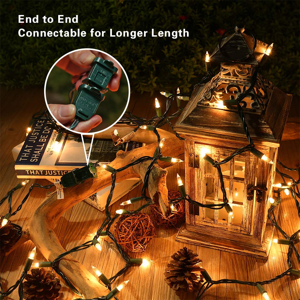 ODEETRONIC Christmas Lights 100 Count Incandescent Mini Lights 21.63ft Green Wire Warm White UL Certified