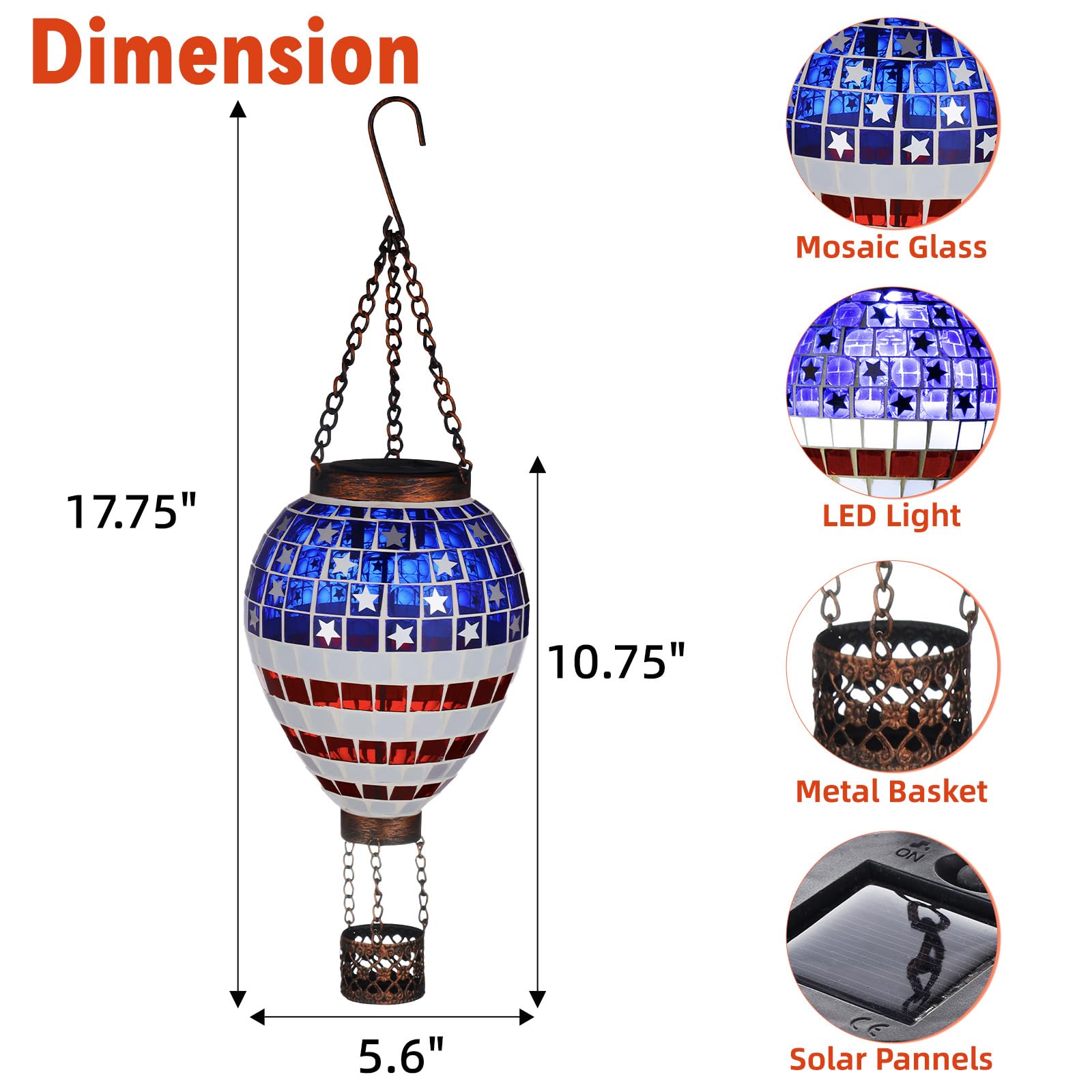 Voreen American Flag Hot Air Balloon Solar Lantern  Handmade Mosaic Outdoor Hanging Wind Light  Ip44 Waterproof  Patio Decorations  Gift For Mom Wife Friend  Patriotic Theme  4Th Of July Decor