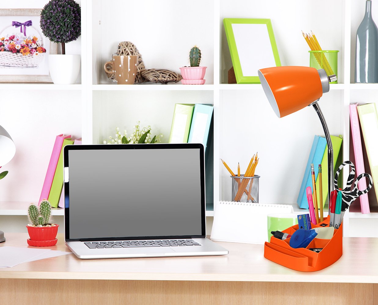 Simple Designs Ld1056-Org Gooseneck Organizer Desk Lamp With Ipad/Tablet Stand Or Book Holder And Usb Port, Orange
