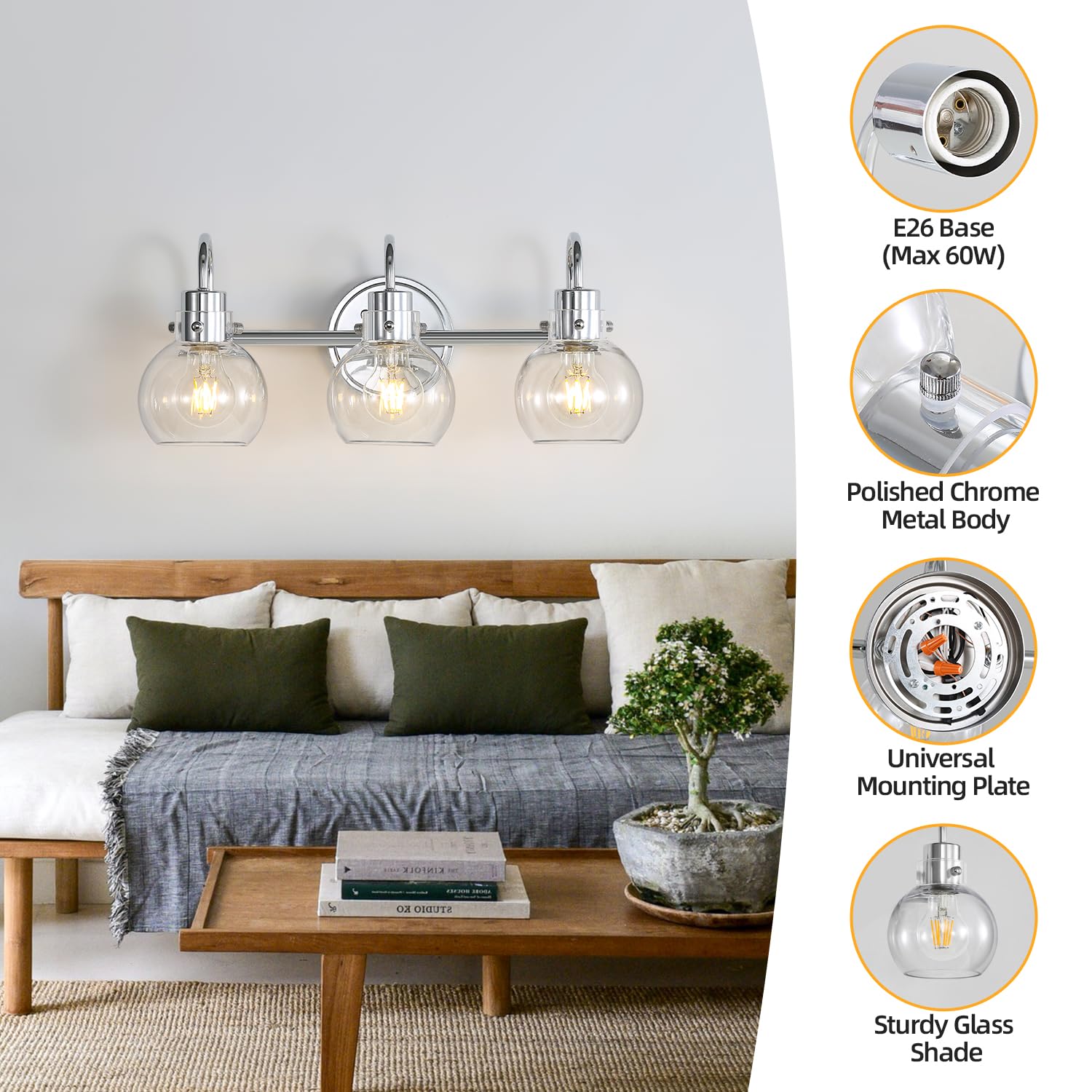 Apenath 3-Light Bathroom Vanity Light Fixture, Polished Chrome, Metal Glass, Model FL-3PCRWL-01, Clear Globe Shades for Mirror & Bath