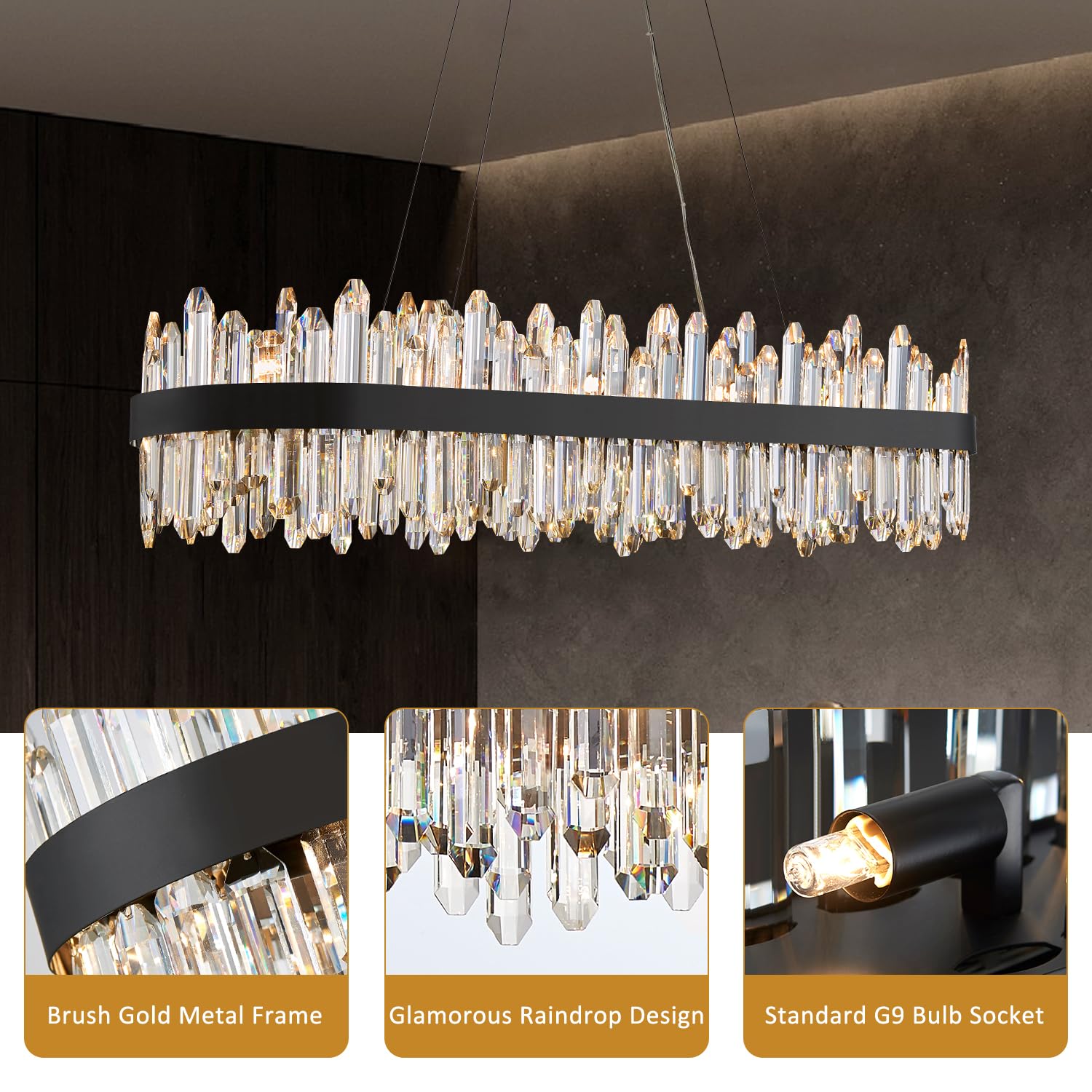 Lizztree Black Oval Crystal Chandelier L45.3 Inch, 24-Lights Chandeliers Modern Crystal Chandelier Pendant Light Fixture G9 Ligh