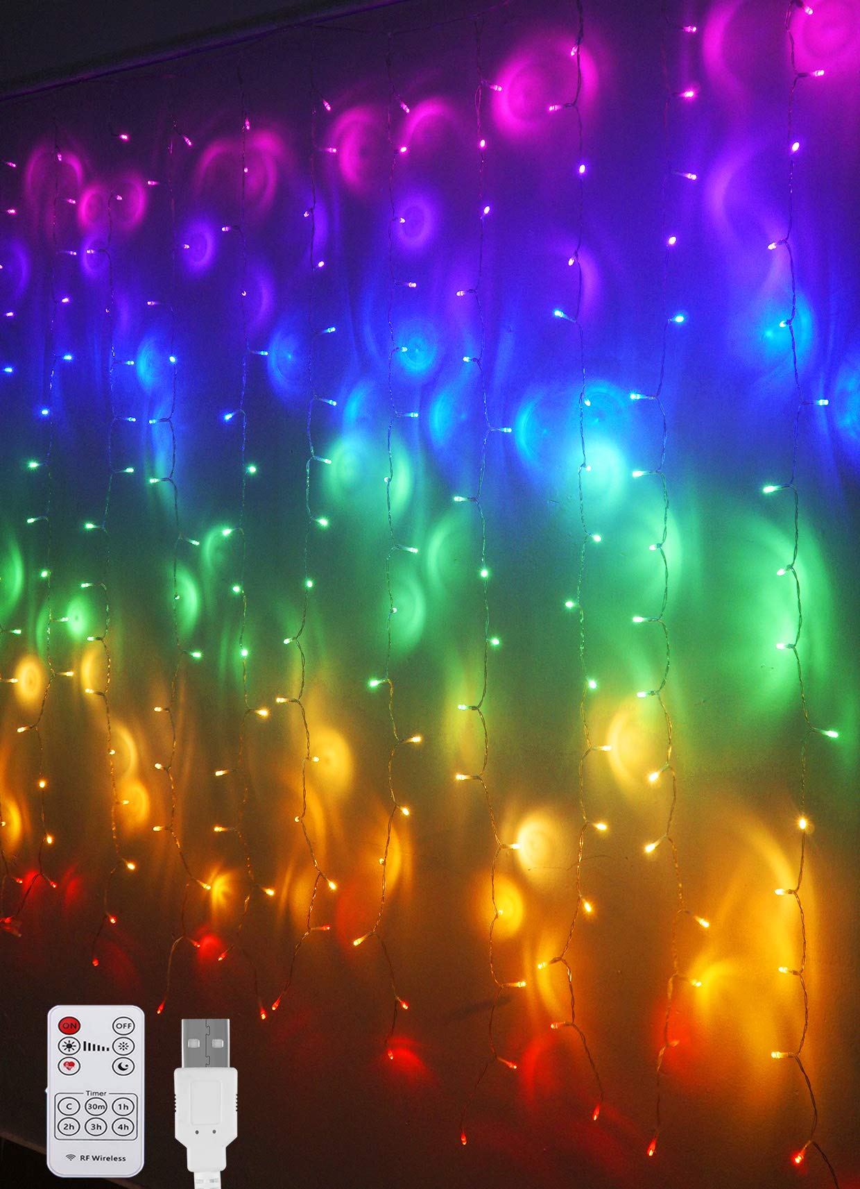 Rainbow Fairy String Curtain Lights with Remote, Twinkle LED Ombre Light Curtain for Girls Room, Bedroom, Teen Room, Kids Room,