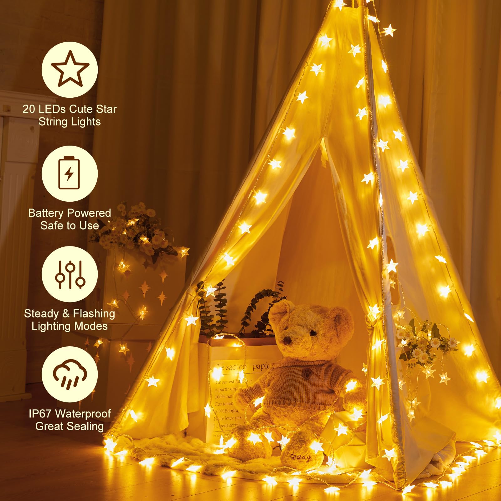 Minetom 2 Pack Star String Lights - 17 ft 50 LED, Battery Operated, Waterproof, Warm White for Indoor/Outdoor Decor