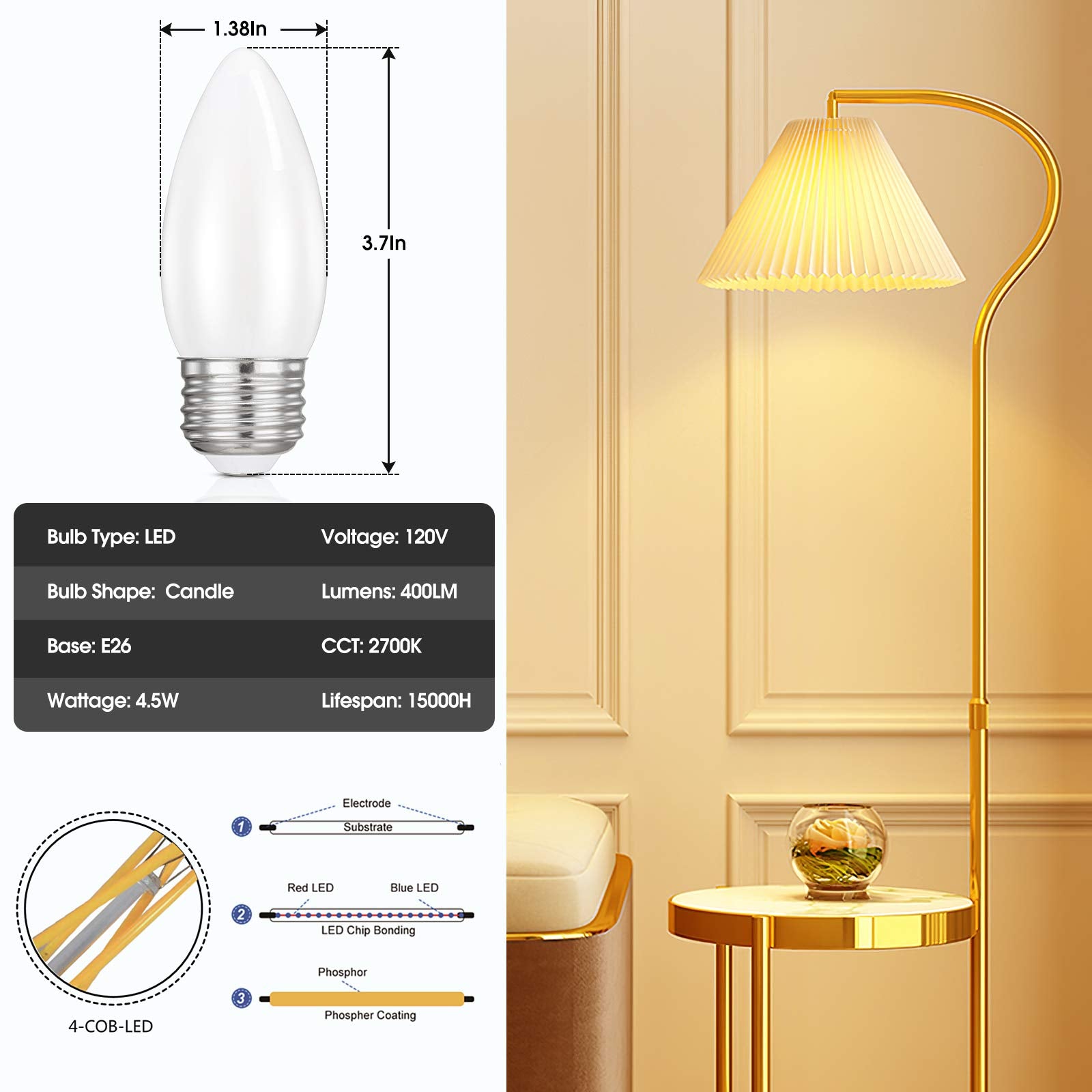 Hola Led Chandelier Bulb Dimmable Led Lamp Bulb E26 Base, 360 Beam Angle Ul Listed Warm White 2700K Led Filament Bulb, Frosted Glass, 4.5W 400 Lumens, 6 Pack