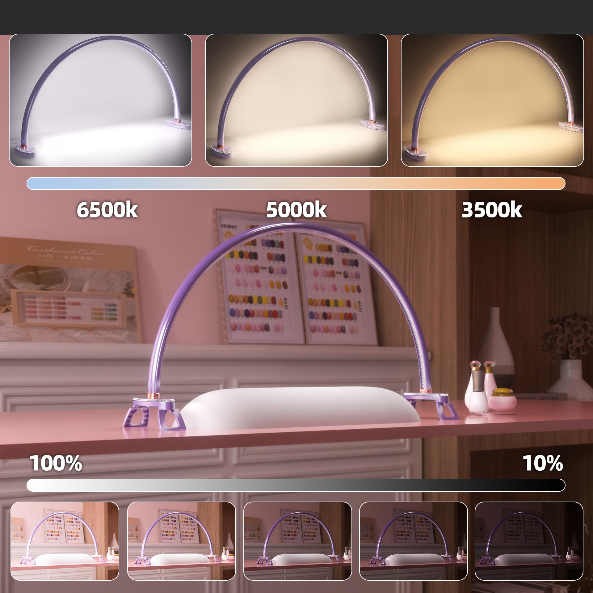 Large Half Moon Light For Nail Desk, Stepless Dimmable Lamp For Nails Table, 3 Color Temperature 24 Inch Purple Led Nail Tech De