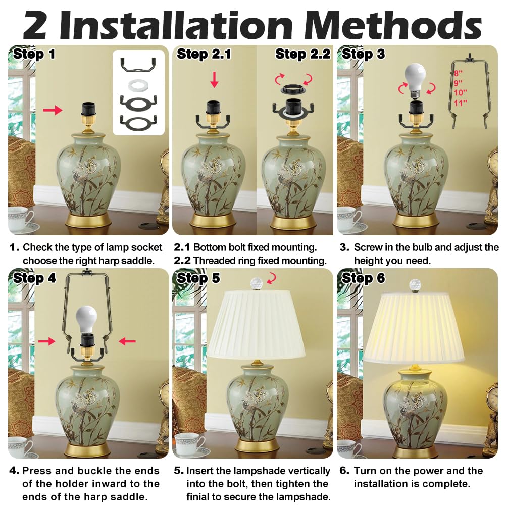 Asjeumt 8 9 10 11 Inch Bronze Lamp Shade Harp Holder, 2 Set Adjustable Height Harp Kit With Crystal & Metal Finial, Diy Replacem