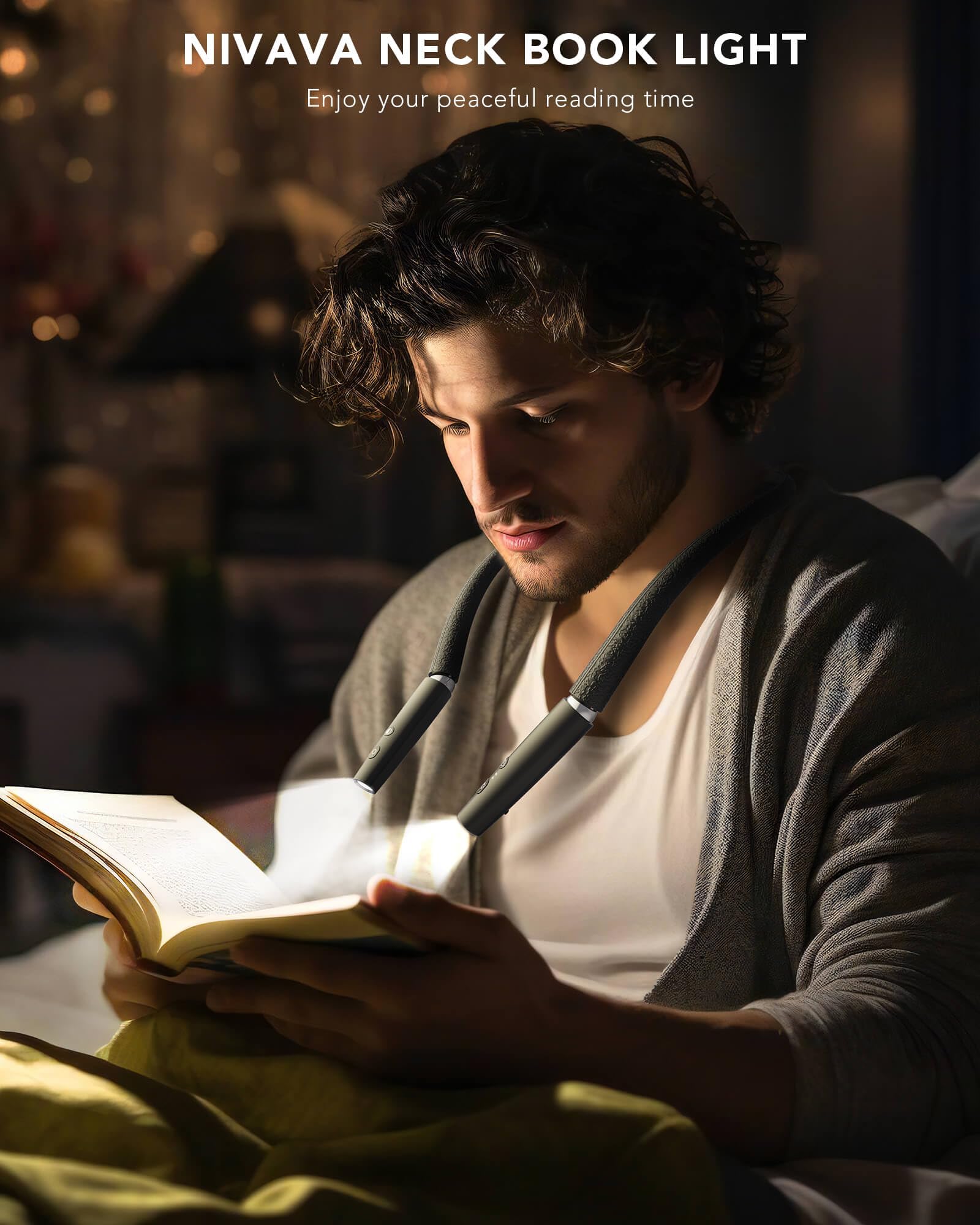 NIVAVA Neck Reading Light, Rechargeable LED Book Light, Bendable Silicone Arm, Model HY-01, Black