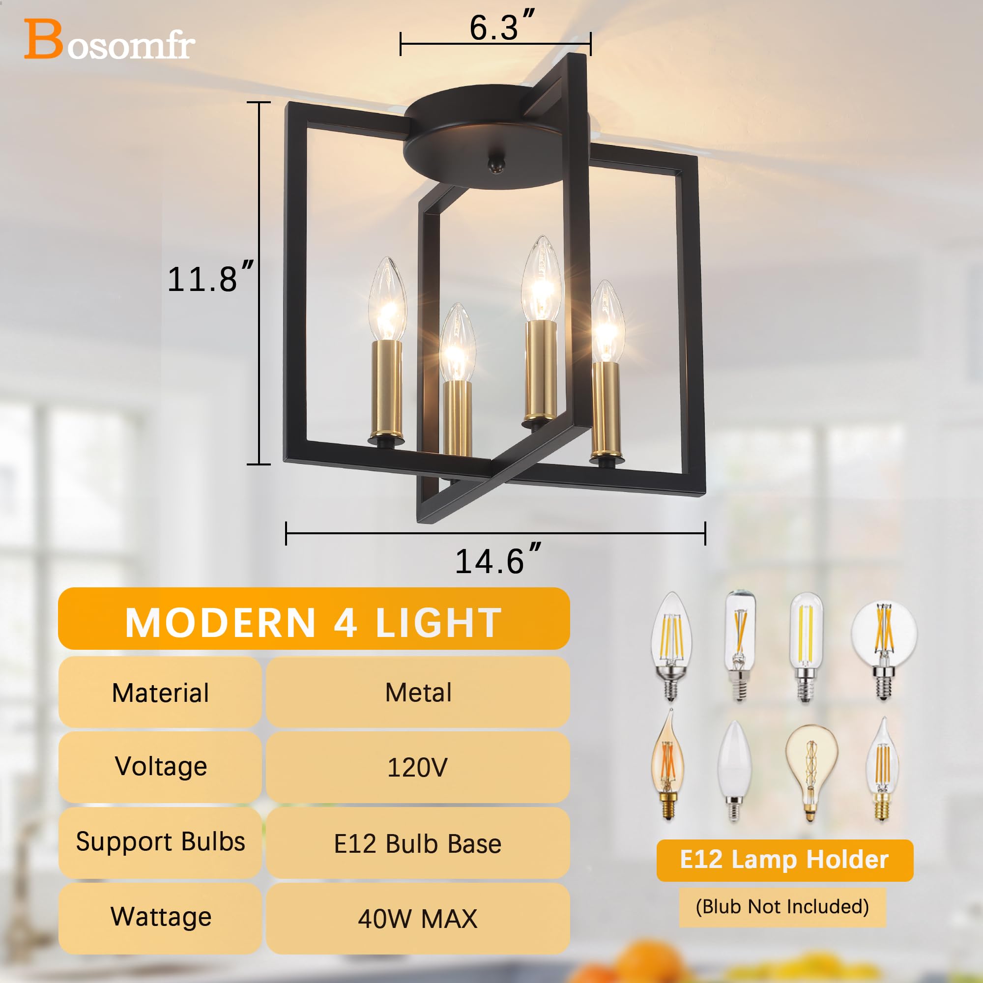 Modern Farmhouse 4-Light Black And Gold Ceiling Light Fixture, Industrial Close To Ceiling Light With Geometric Metal Shade, Per