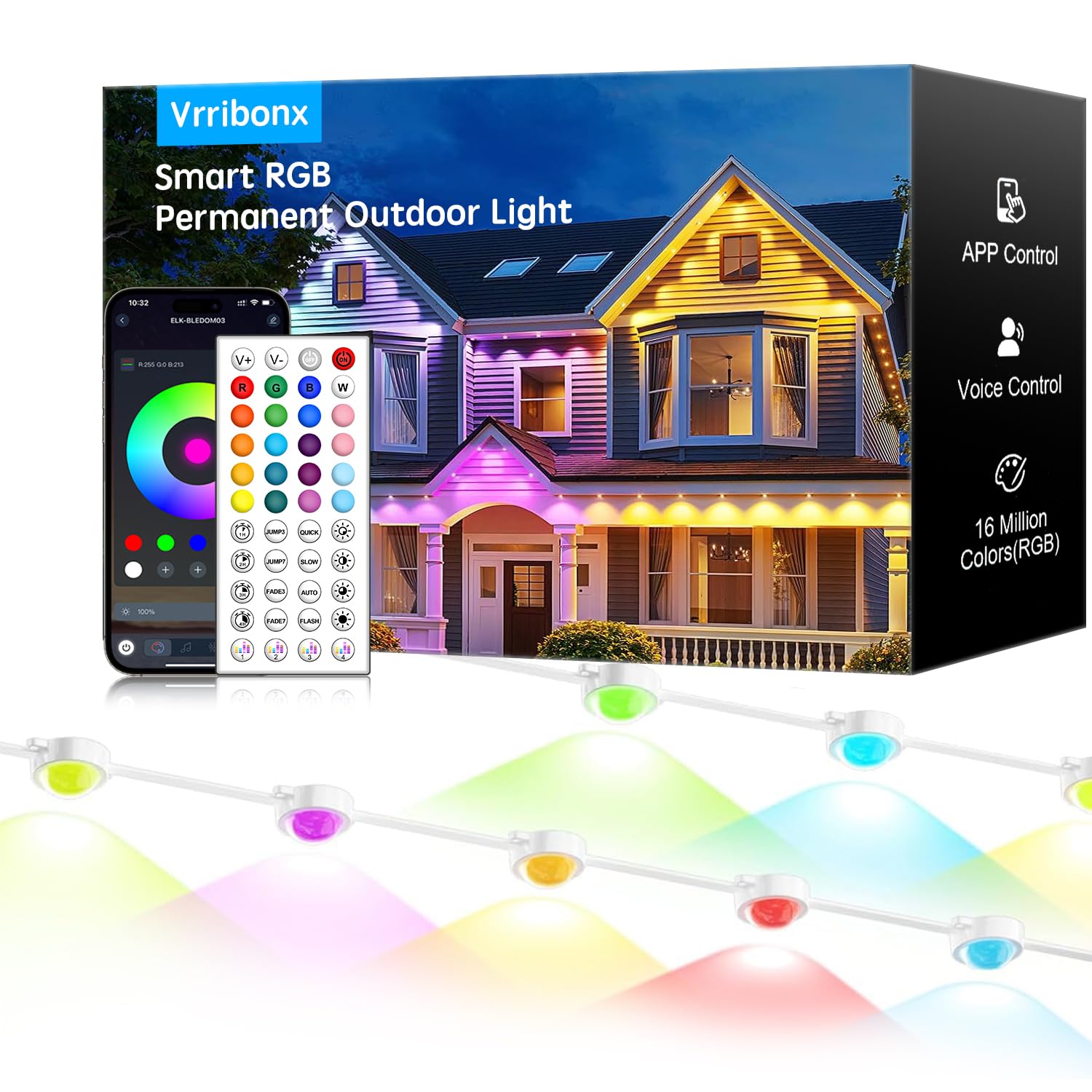 Vrribonx RGB LED Outdoor Lights, 200FT, IP65 Waterproof, Smart Control, Model WYD-04, for Holiday and Accent Lighting
