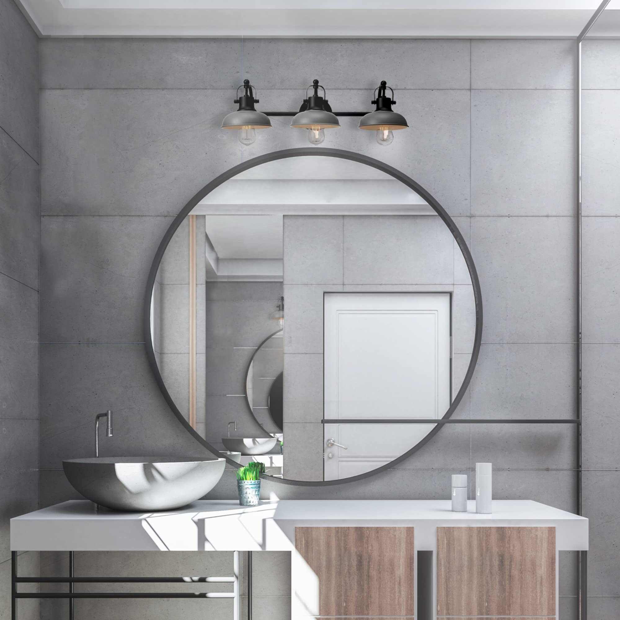 Globe Electric 52065 Gladstone 5-Piece All-In-One Bathroom Set, Matte Black, 3-Light Vanity Light With Matte Gray Metal Shades,