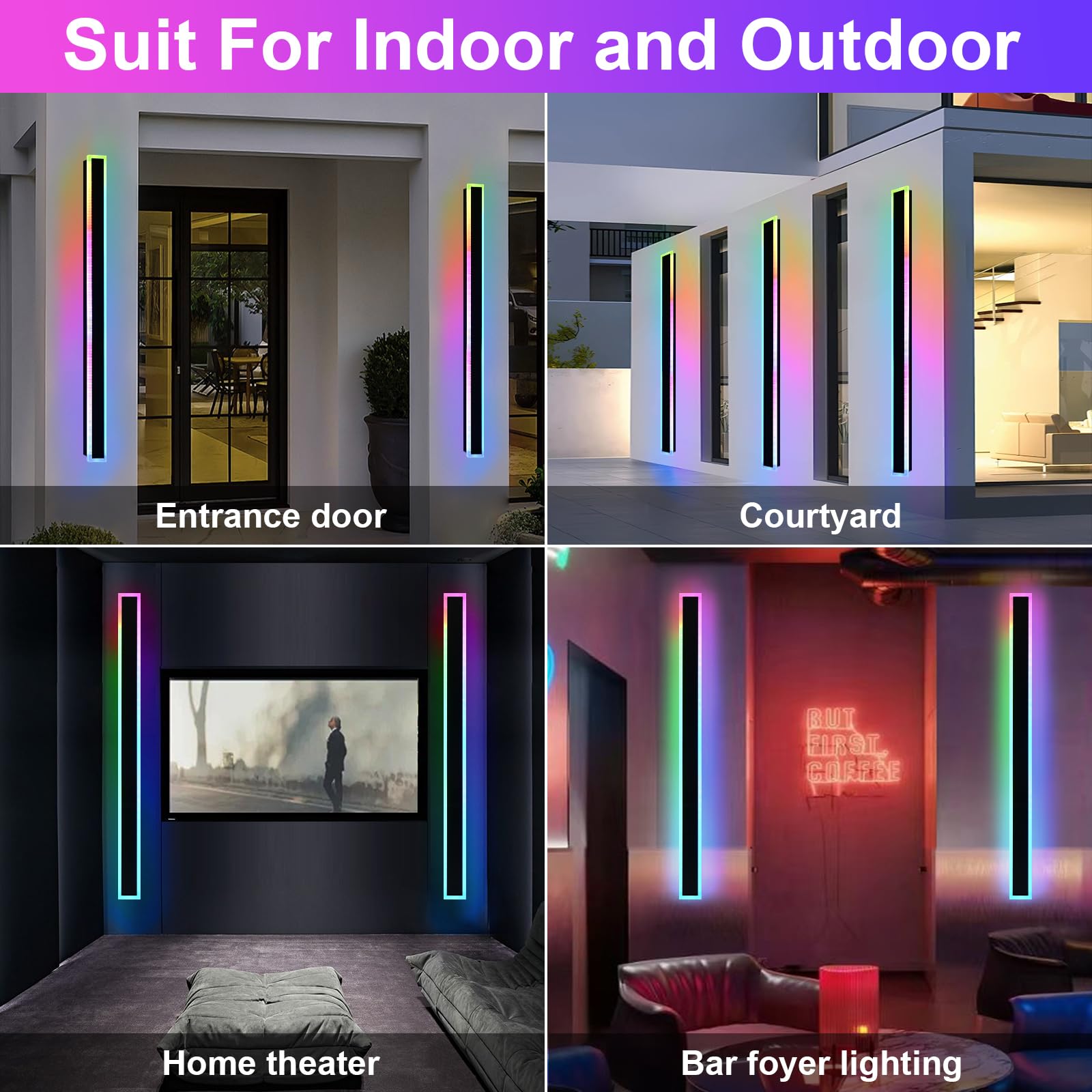 QueeuQ Outdoor LED Wall Lights, 60 inch Dimmable RGB Linear Fixture, 2 Pack, Metal, Model 11-SZ-9970-RGBCW-30W-60