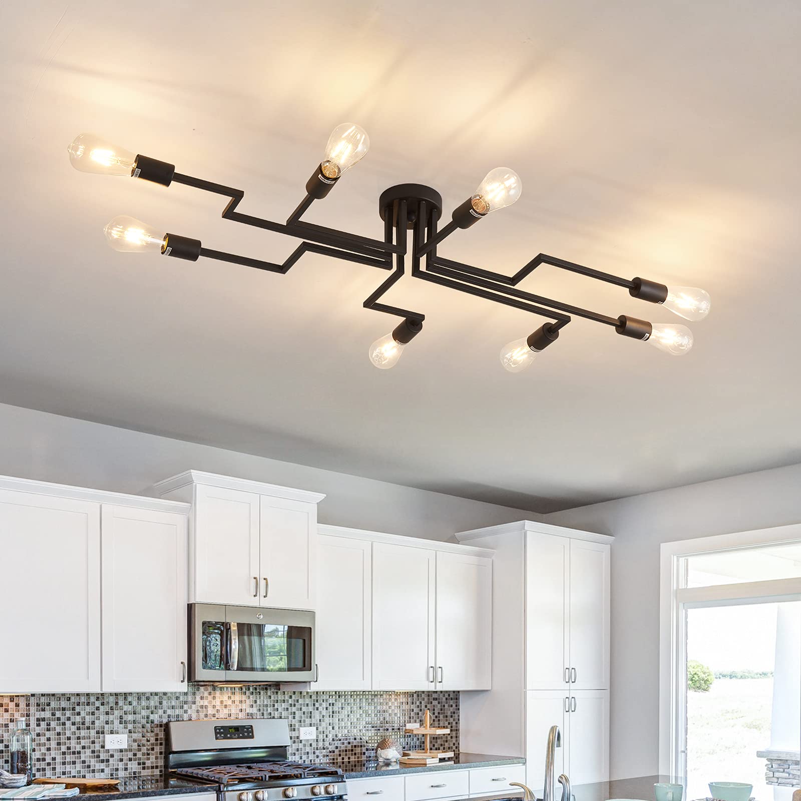 ZGLAOJTBlack 8-Light Ceiling Light, Modern Semi Flush Mount Ceiling Light Fixture,Metal Chandelier for Farmhouse Dining Room Liv