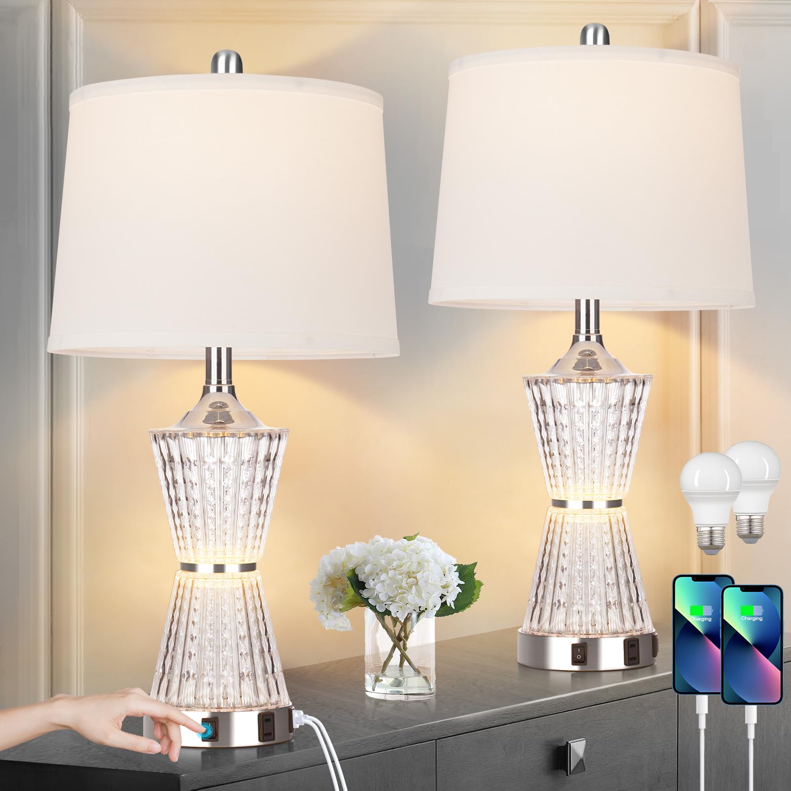 26 Modern Table Lamps  Set of 2 Table Lamp Night Light with 2 USB Charging Ports & AC Outlet  Bedside Nightstand Lamp White Shade for Living Room Bedroom Home Decor Silver(LED Bulbs Included)