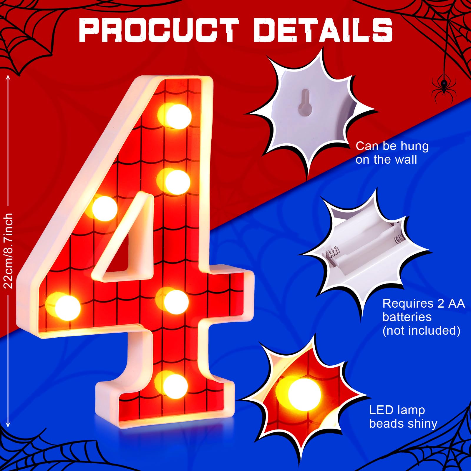 Vihose Spider Led Number Lights Spider Birthday Party Decoration Light Up Numbers Kids Boy Man Birthday Supplies For Marquee Night Christmas Gift Baby Shower(Number 4)