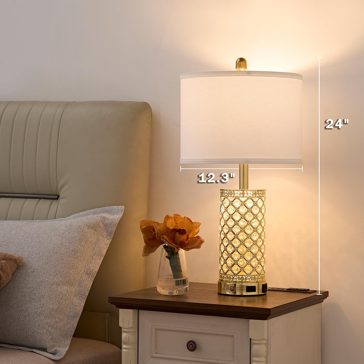 Saiweya Modern Crystal Table Lamp - 24'' Gold Bedroom Lamps 3-Way Dimmable Touch Lamp With Night Light, 2 Usb Ports + Ac Outlet