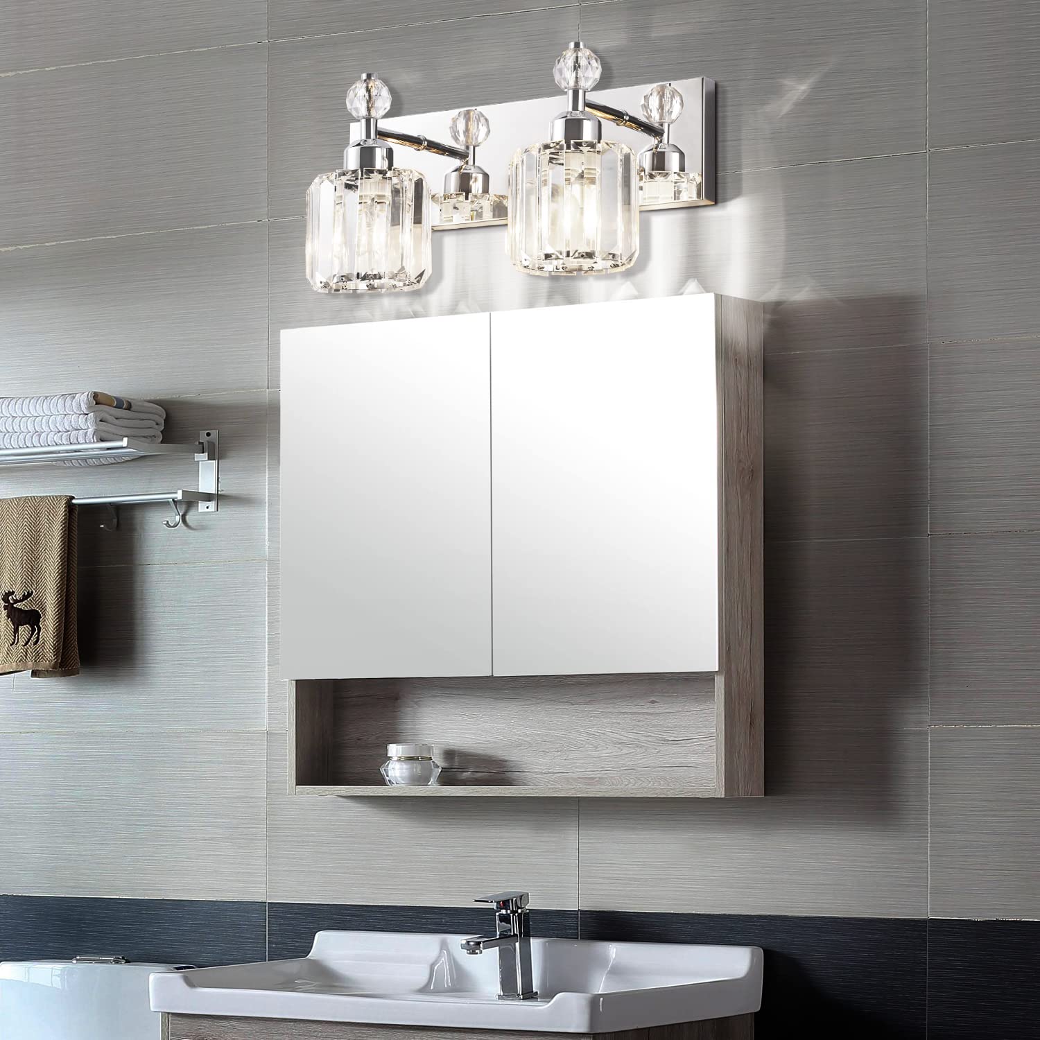 Presde 2-Light Chrome Bathroom Vanity Light - Modern Crystal Wall Sconce For Over Mirror Lighting