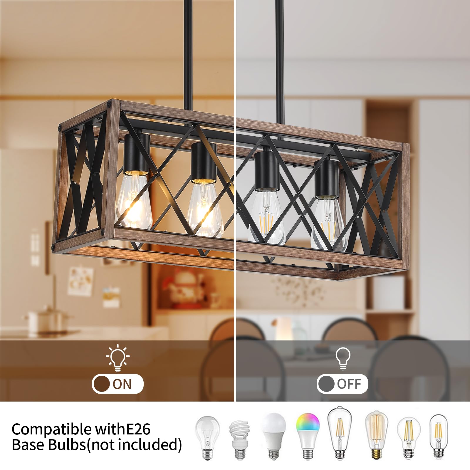 KEESFU 4-Light Rustic Linear Chandelier, Adjustable Height Metal Pendant Light, Wood Grain Finish for Kitchen & Dining Room