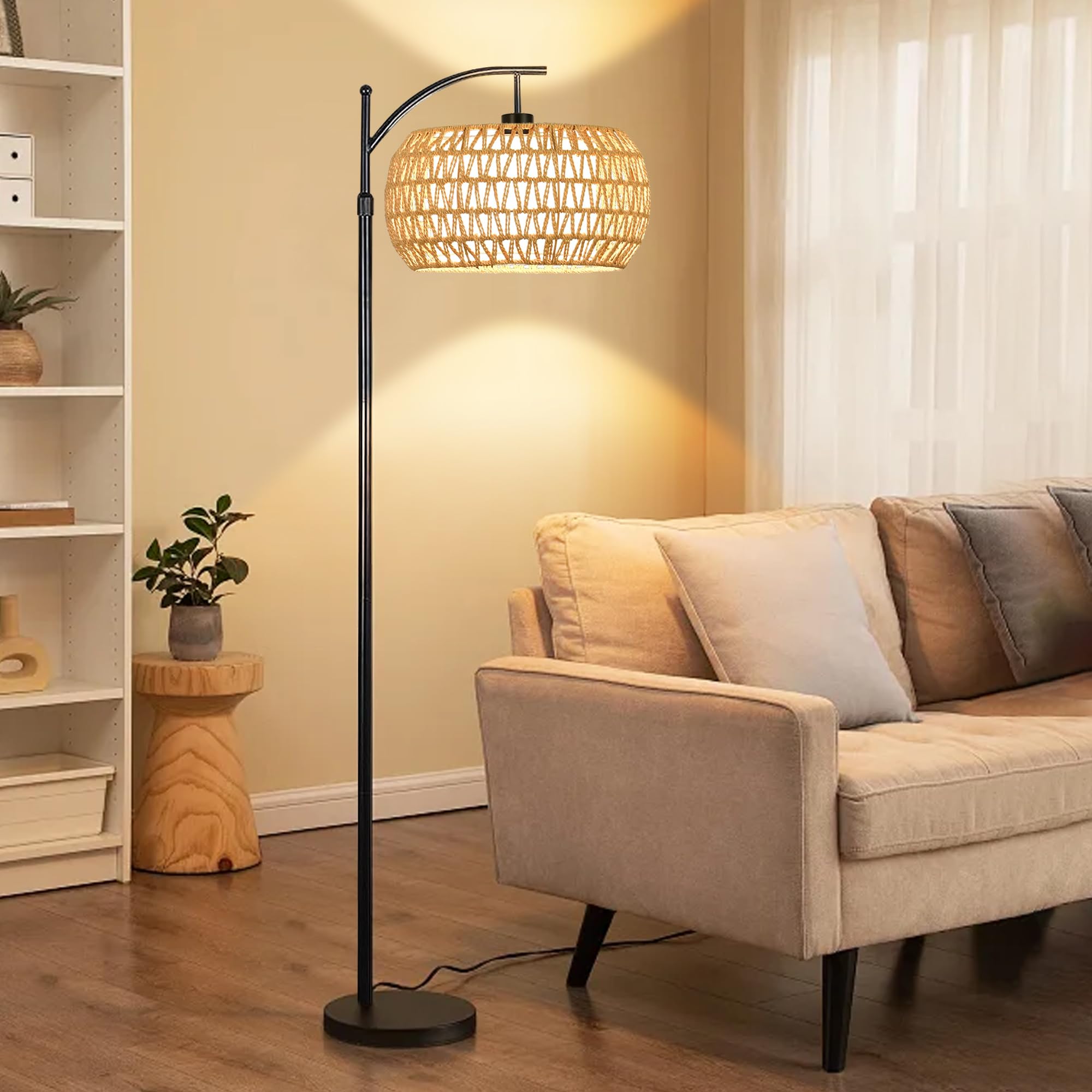 Arc Floor Lamp For Living Room Rattan Boho Floor Lamp With Remote Control Dimmable Led Floor Lamps Wicker Lamp Shades Black Standing Lamp With 3 Color Temperature Tall Floor Lamps For Bedroom Corner