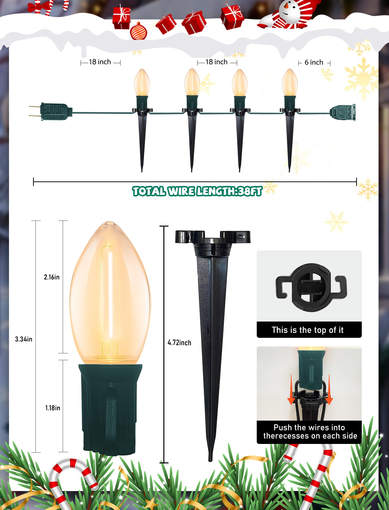 38Ft C9 Led Christmas Pathway Lights Outdoor, 25 C9 Led Warm White Christmas Pathway Stakes Lights Waterproof, Outdoor Christmas