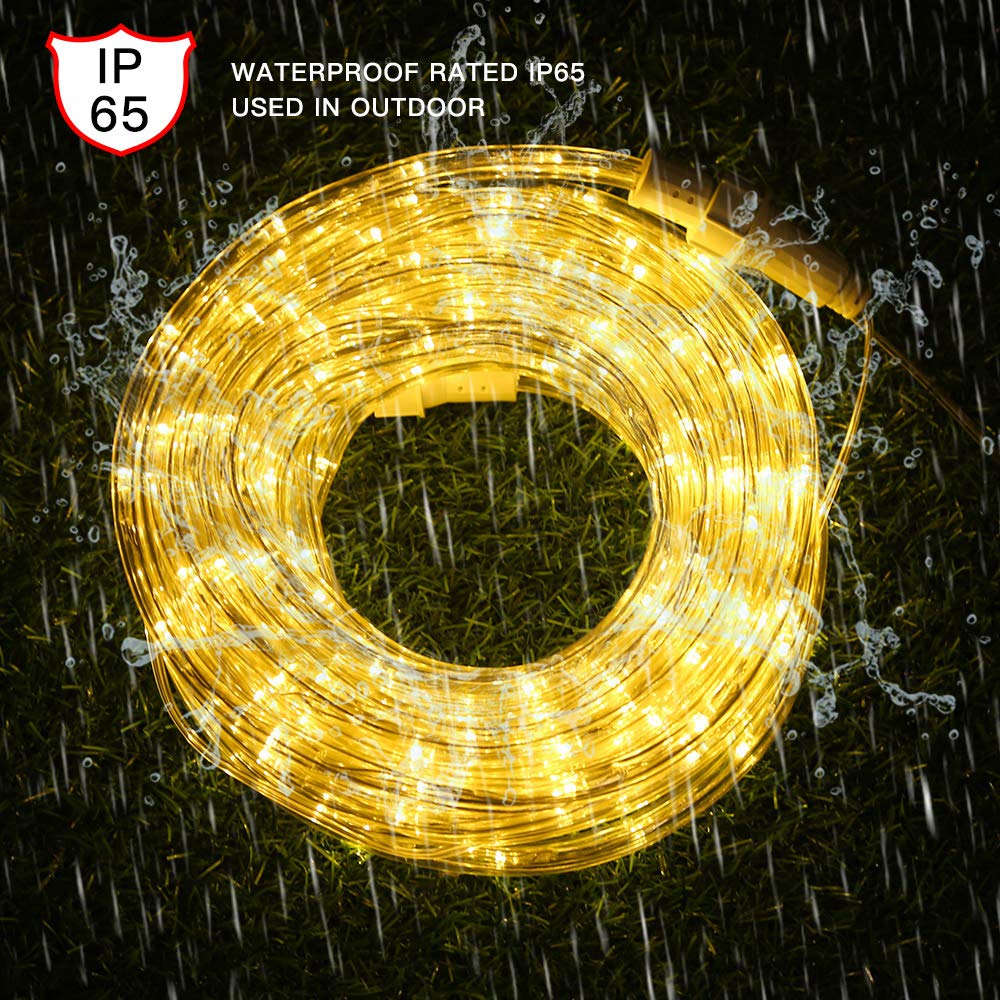DINGFU 33ft LED Rope Lights,110V 2 Wire Connectable Christmas Rope Lights Outdoor,240 LED Waterproof Indoor Outdoor Warm Rope Li