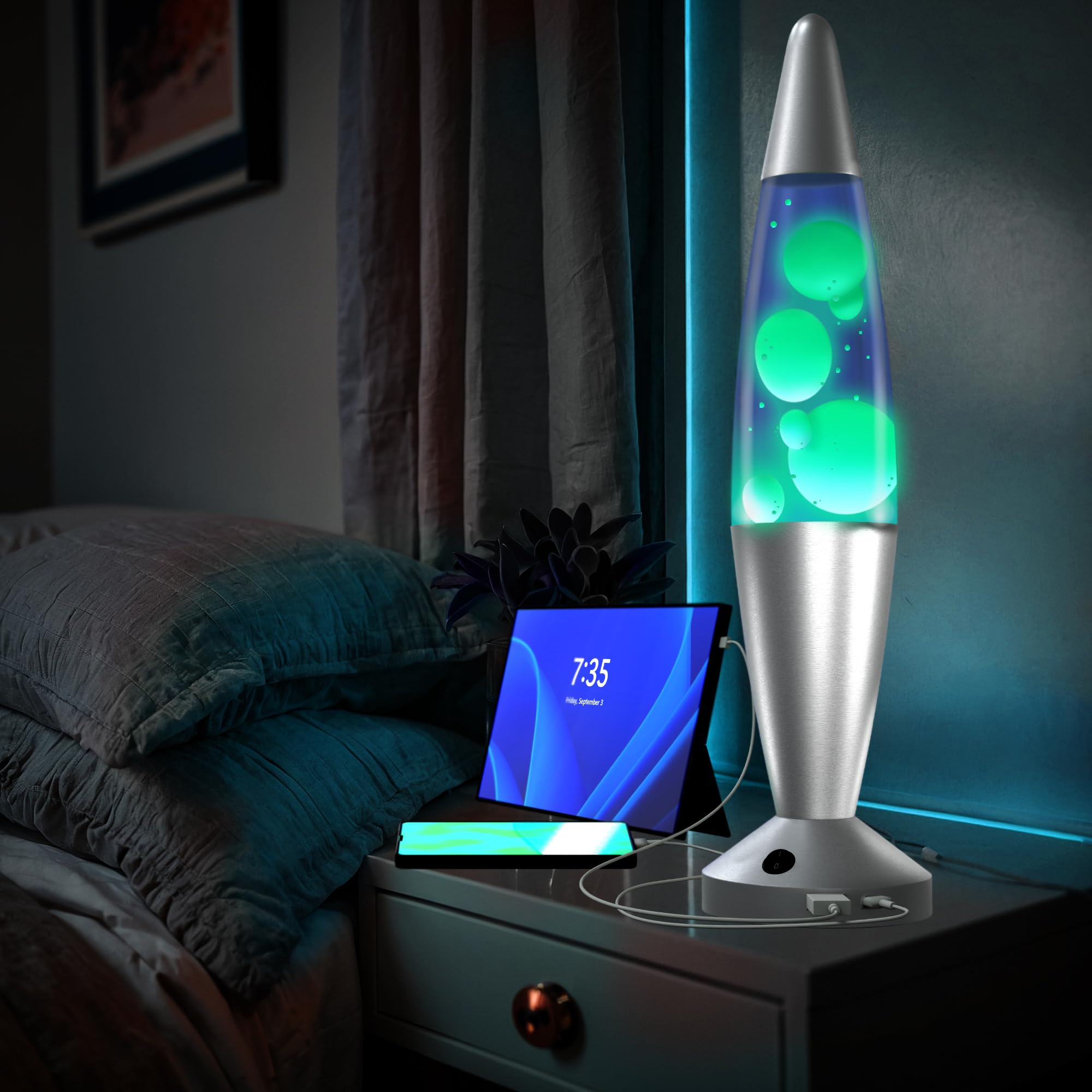 JAMBO 16in Liquid Motion Lamp - Blue with Yellow Wax, USB Night Light, Aluminum Base, Model 55000, Home Decor for Kids and mature-themeds