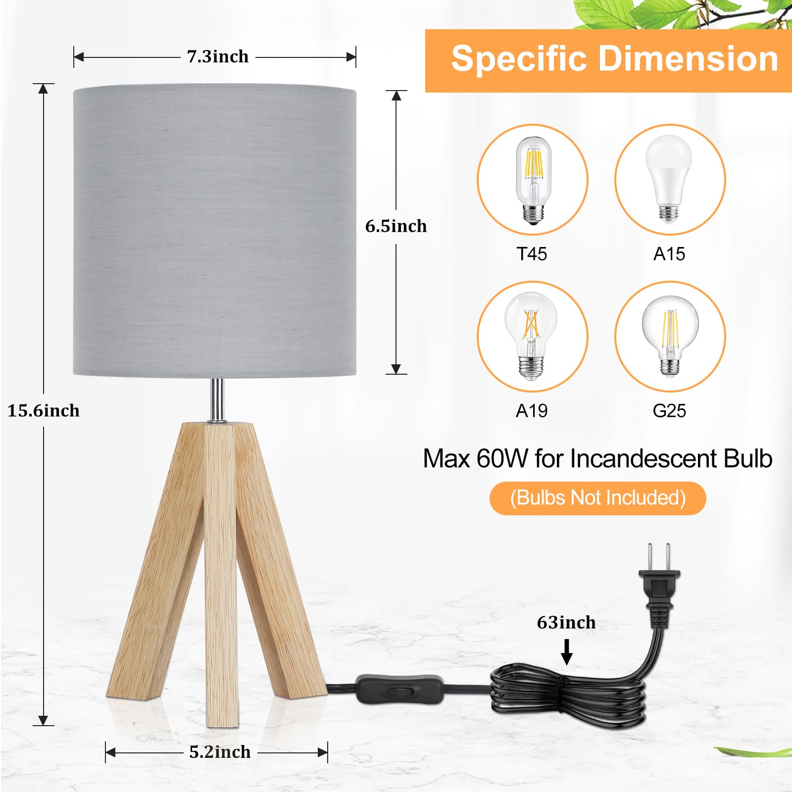 Brightever Small Bedside Table Lamp, Wooden Tripod Modern Table Lamp With Grey Linen Fabric Shade, Farmhouse Nightstand Lamp For