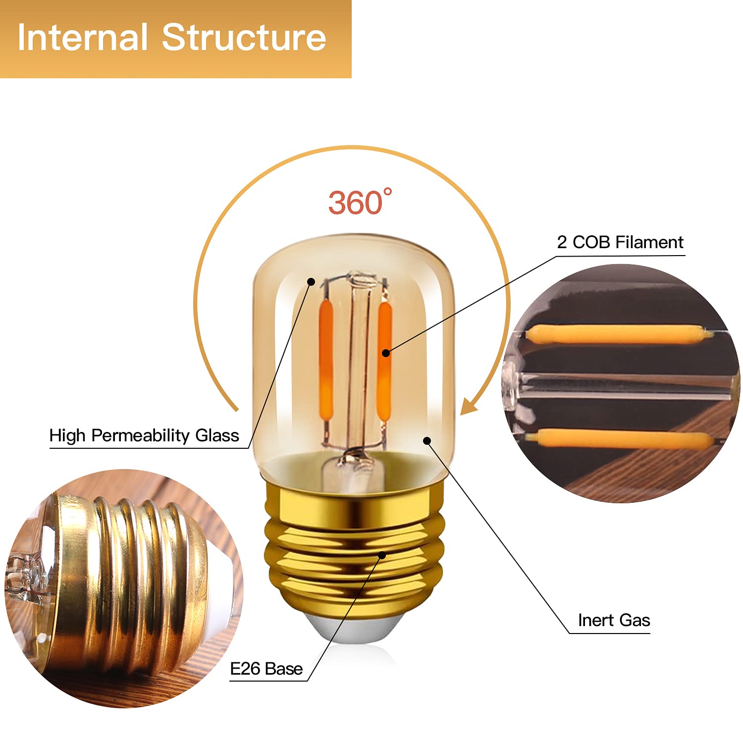 Hcnew E26 Led Amber Night Light Bulbs 1W, T28 Mini Edison Tube Lamp 2200K Warm, 10W Incandescnet Equivalent,Non-Dimmable Replace