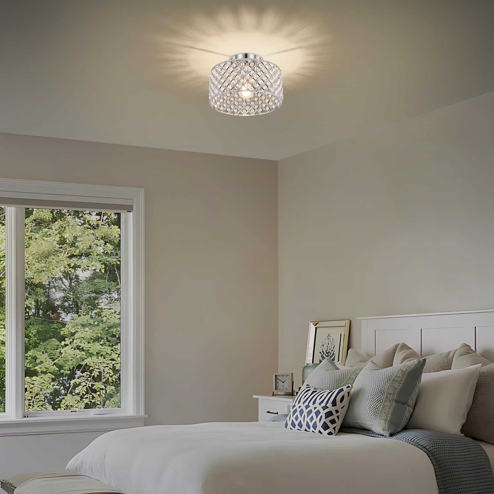 Bzvesr Chrome Crystal Ceiling Light Fixture Modern Semi Flush Mount Ceiling Lighting Fixture Round Small Chandelier For Dining Room  Hallway  Entryway  Kitchen  Bedroom Foyer 1 Light 11.2 Inch