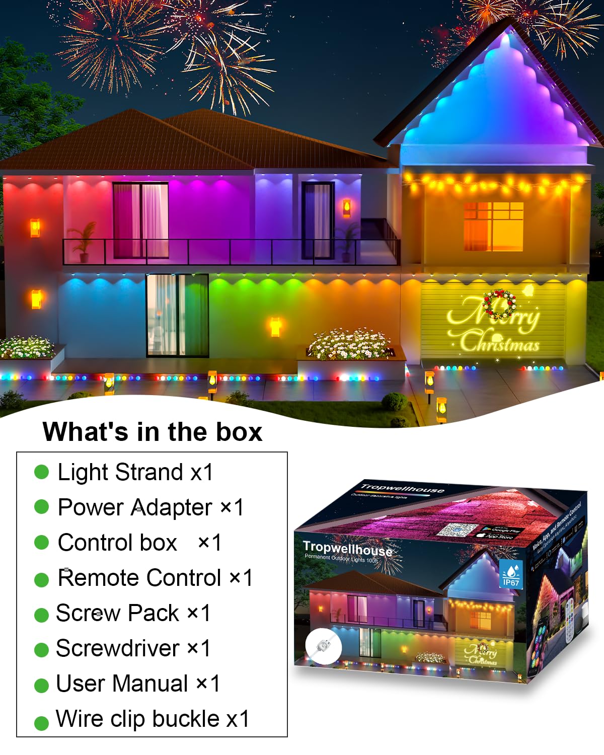 Tropwellhouse 100ft RGB+IC Outdoor Lights, 72 Modes, IP67 Waterproof, Alexa/Google Compatible, Plastic, White, Model YM2025