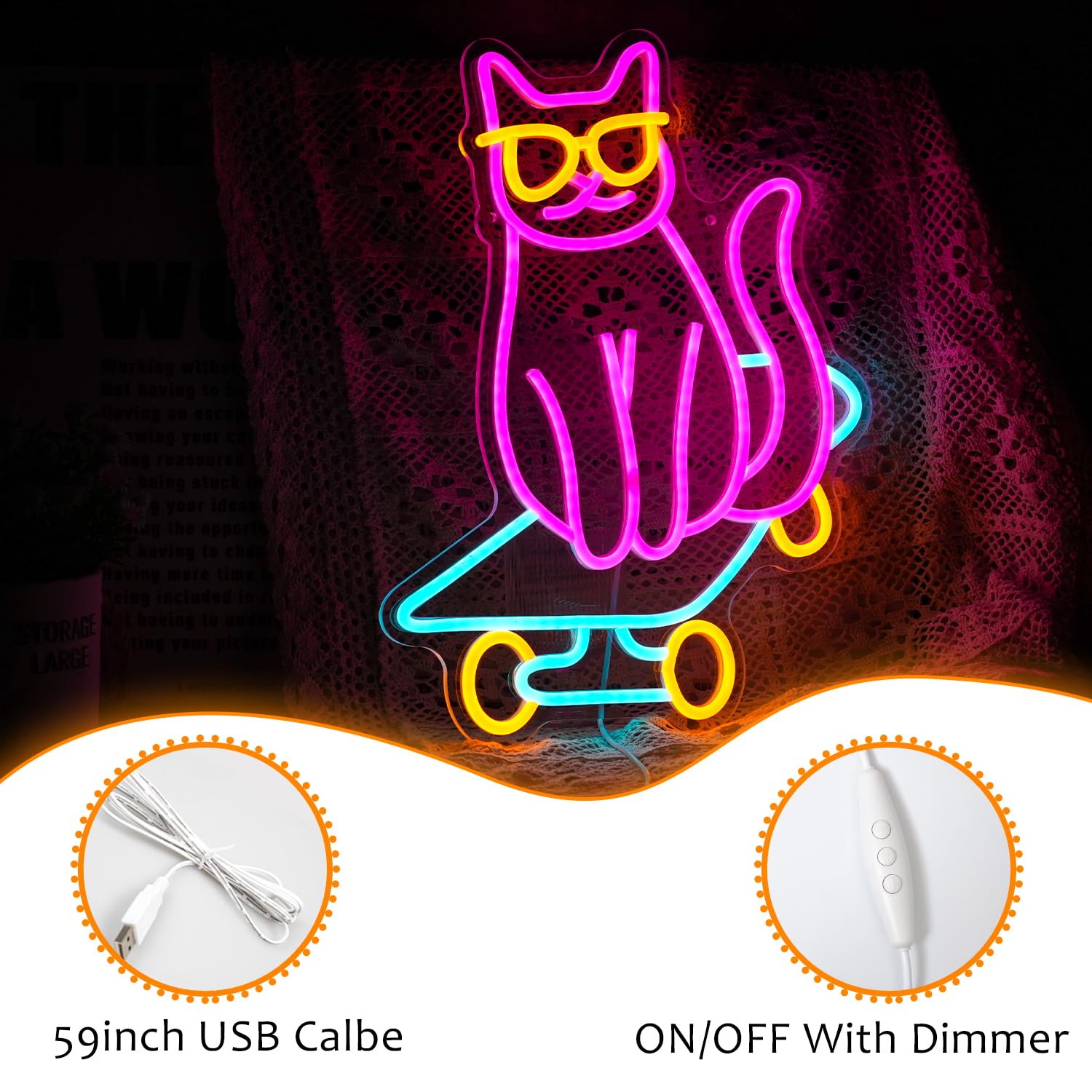 LISIGNVE Skateboard Cat Neon Sign LED Light Dimmable Multicolored Glass Decor for Bedroom Pet Shop Art Gift