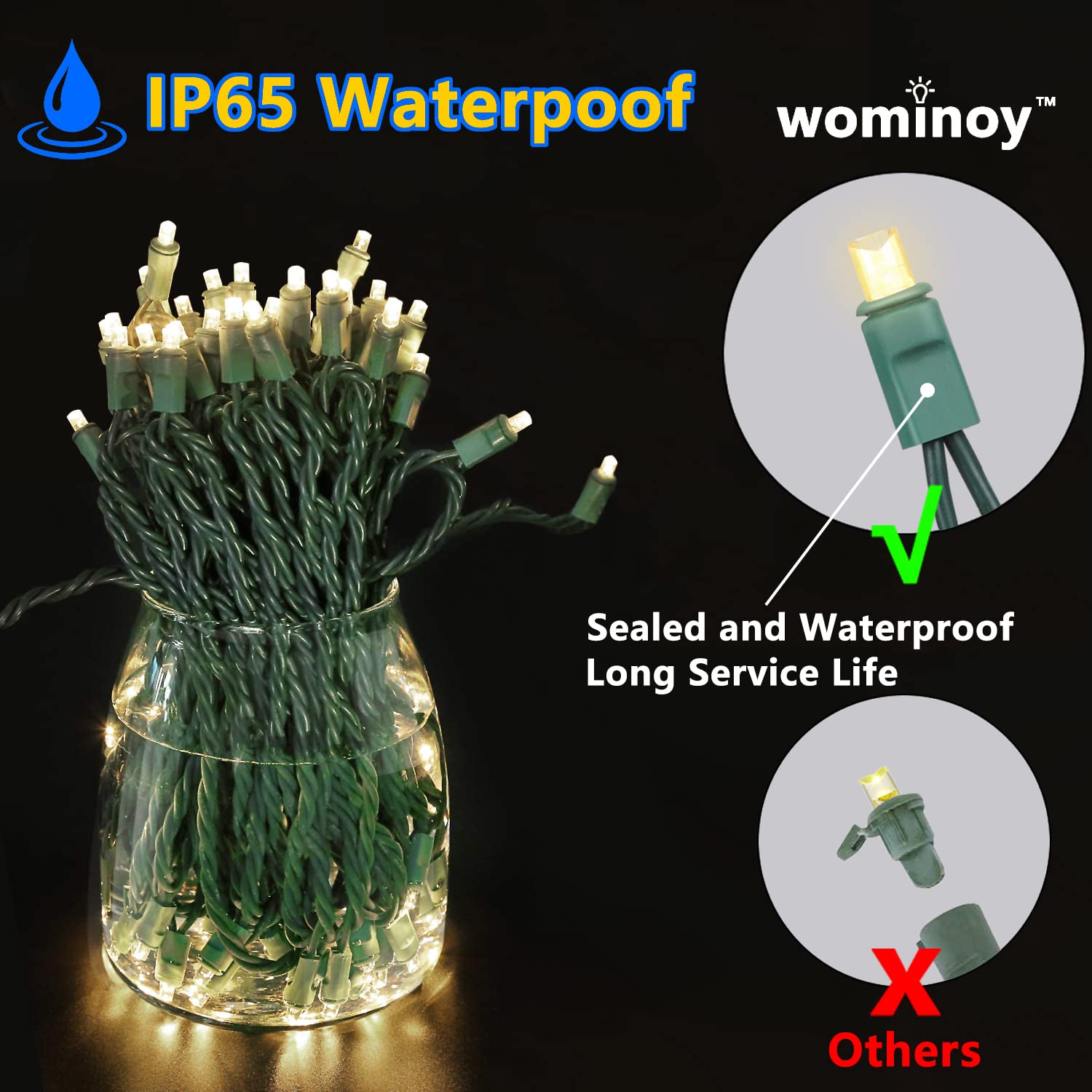Wominoy 25Ft 50 Counts Warm White Led Christmas Lights - Commercial Grade White Christmas Lights Outdoor Waterproof, Led String Lights Indoor 5Mm Wide Angle Green Wire, Xmas Tree Lights, Ip:65, Ul