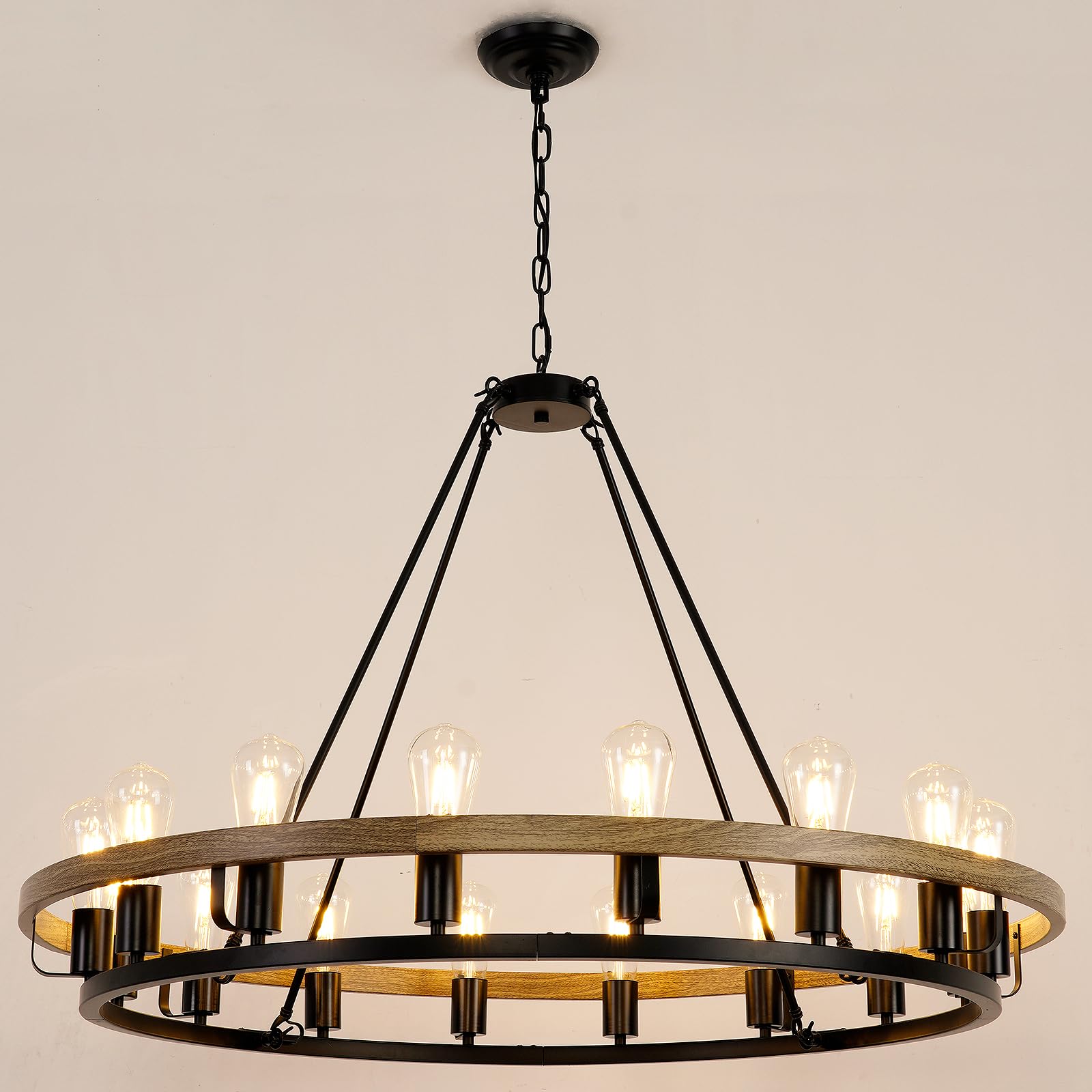 Wogon Weel Wagon Wheel Chandelier 16-Light 39-Inch, Black And Oak Wood Tone Finish Round Rustic Farmhouse Chandelier Extra Large