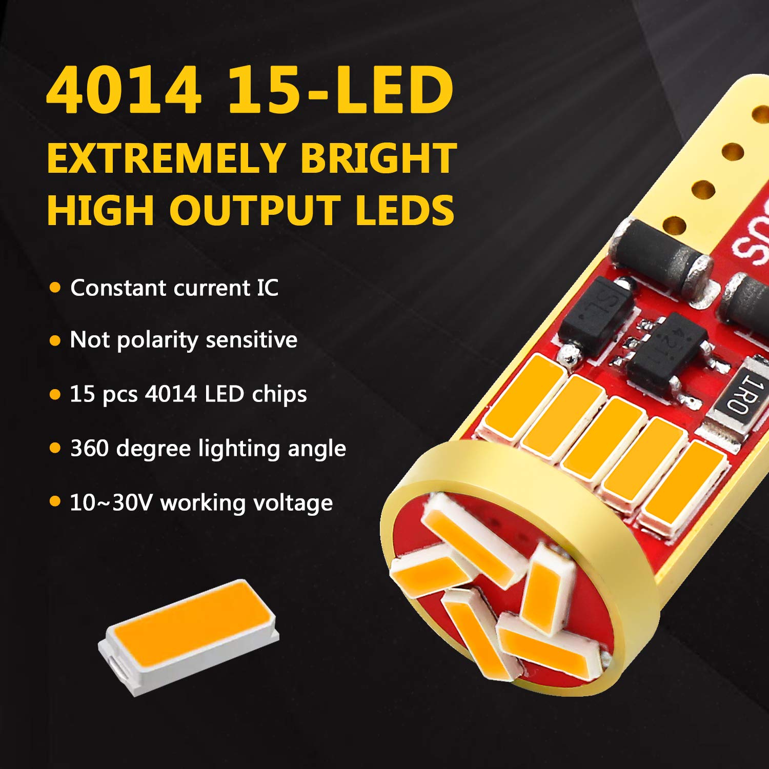PHINLION 194 LED Bulb Replacement for Car Lights, 15-SMD 4014 Chipsets, Amber Yellow