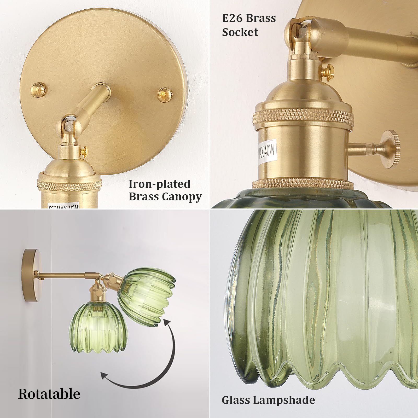 Shenmoyl Vintage Battery Operated Wall Sconce, Green Tulip Glass Lampshade, Wireless Rechargeable, Set of 2, Model 1-9331