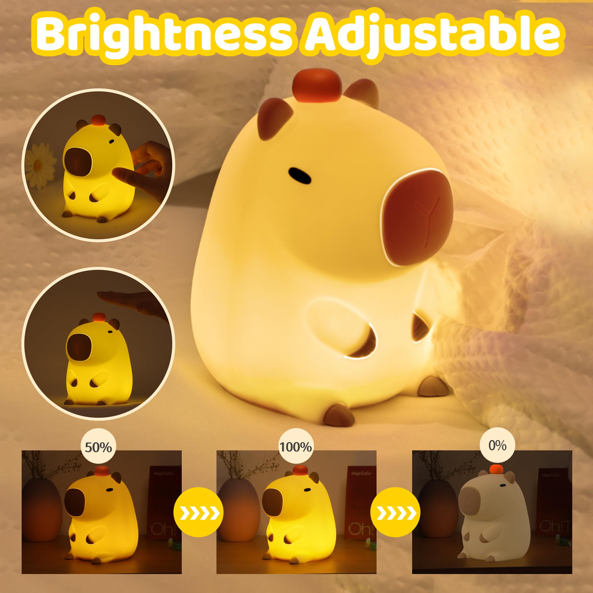 Ammonite Ammonite Capybara Night Light - Soft Silicone LED Lamp for Kids, Orange, Model FSGY, Nursery Decor, Xmas/Birthday Gift