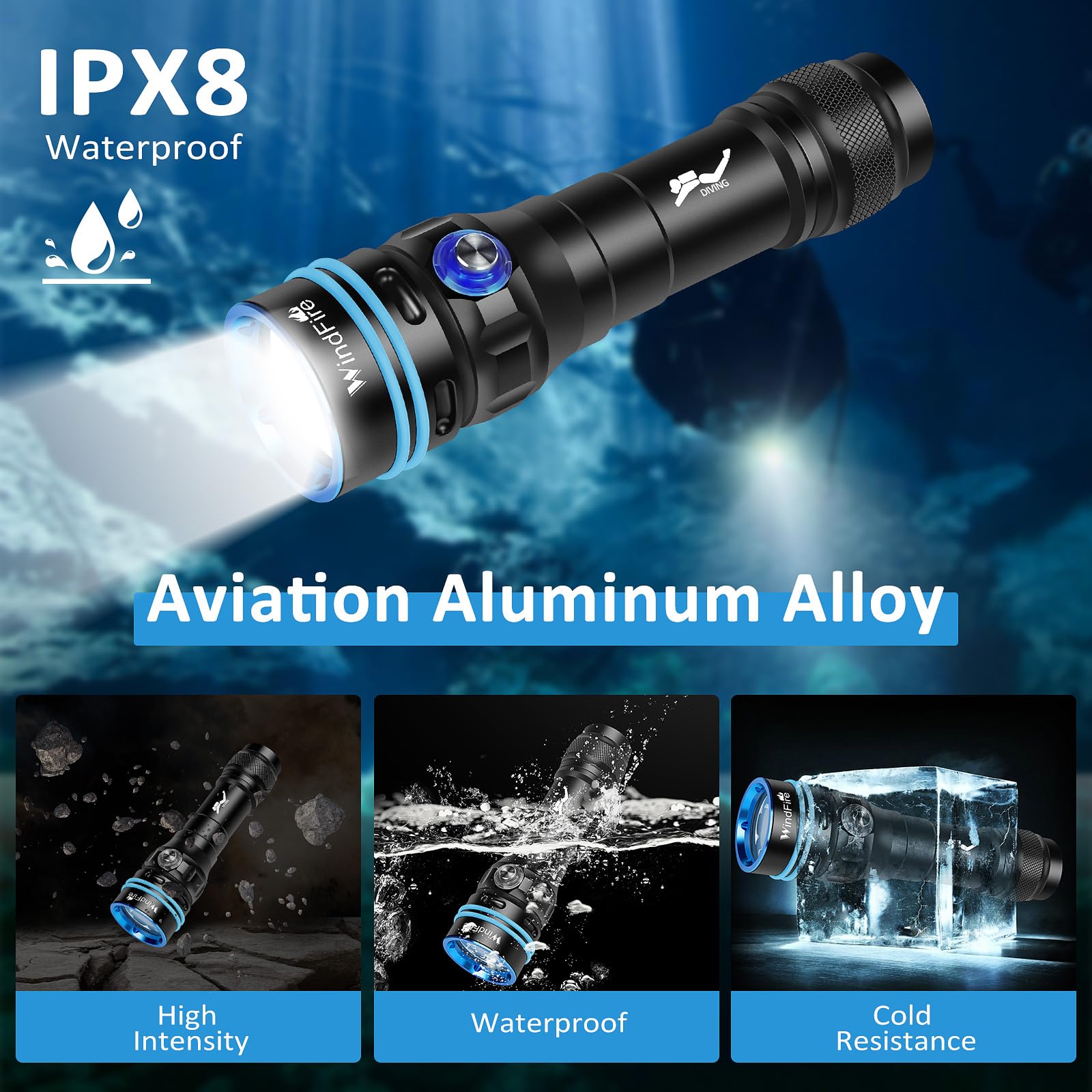Windfire Dive Light - Super Bright Rechargeable Diving Flashlight With 4 Modes & Power Indicator  Narrow Angle Focused Beam  Waterproof Torch For Snorkeling  Scuba Diving & Underwater Exploration