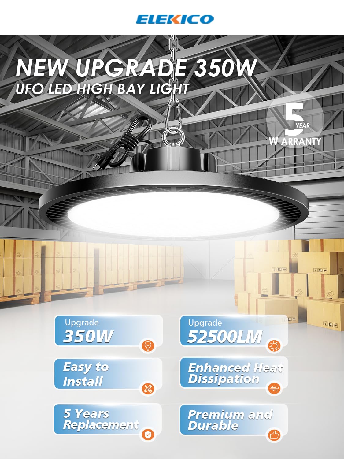 Elekico Ufo Led High Bay Light, Upgrade Super Bright 350W 52500Lm 5000K High Bay Led Shop Lights With Us Plug 5' Cable, Led Shop