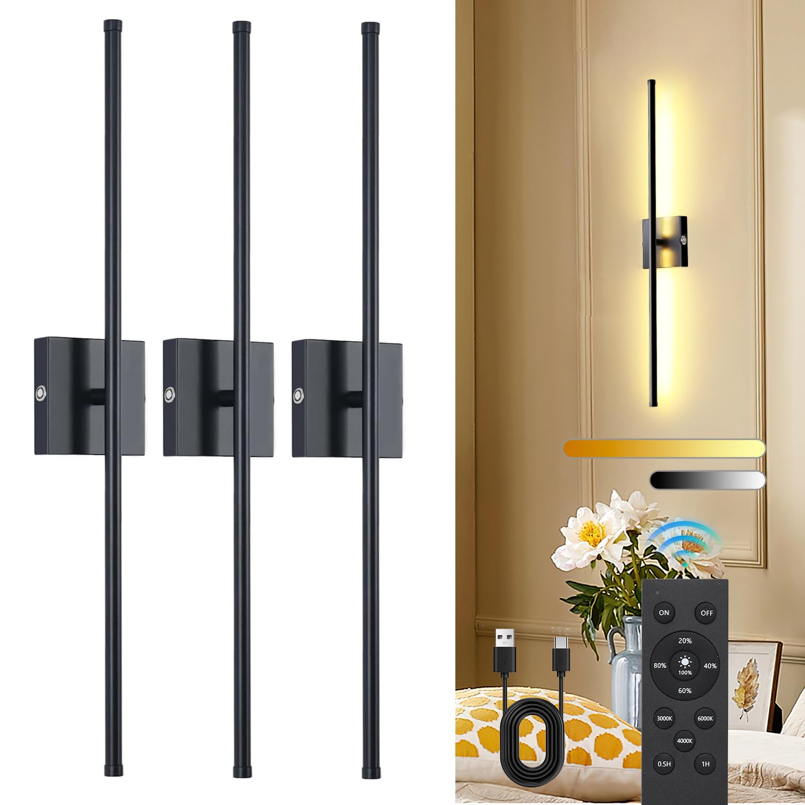 TPSHPTS Battery Operated Wall Sconces with Remote Control, USB Rechargeable, 3 Color Dimmable, 3 Packs, Black, Model XT-B-03
