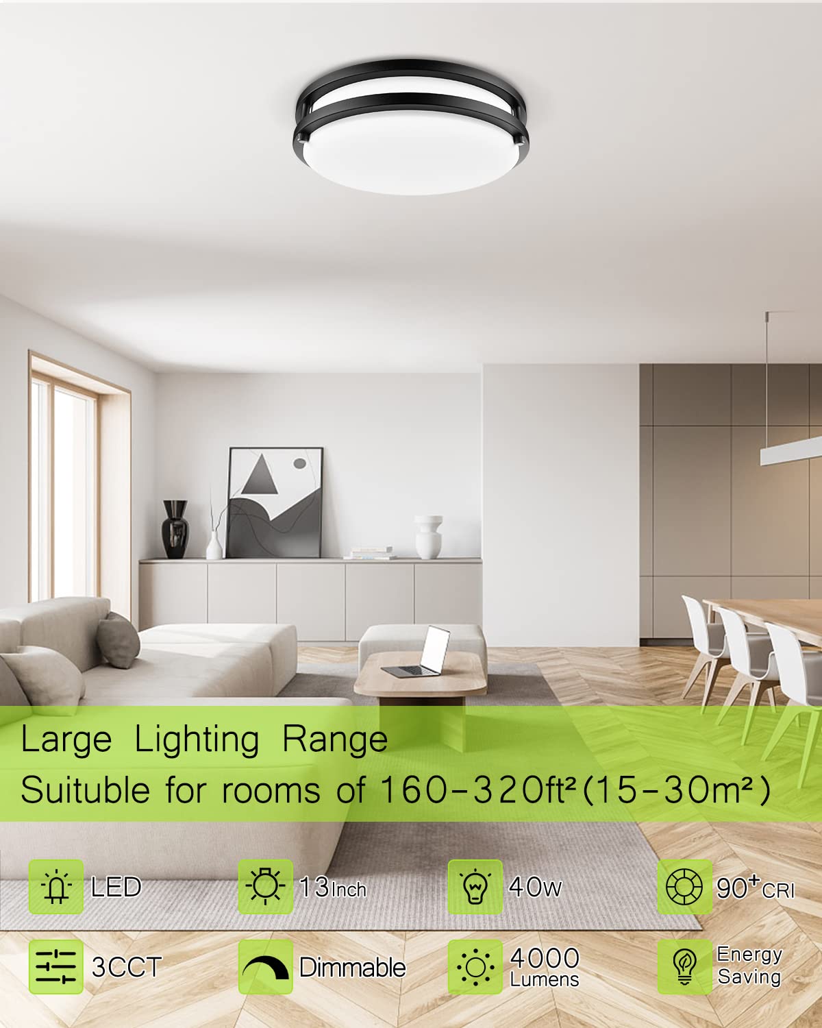 Yogaret LED Flush Mount Ceiling Light Fixture 40W 4000lm 13inch Black 2Pack