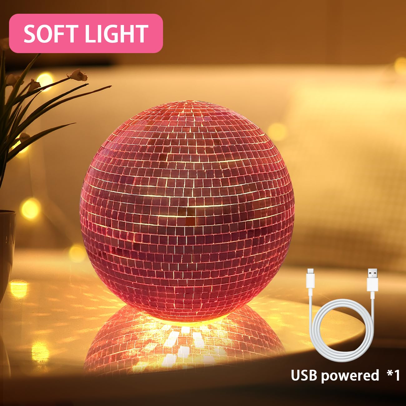 IJG Pink Disco Ball - 6 Inch Reflective Plastic Home Art Decoration, Warm Light, Bar Ornament