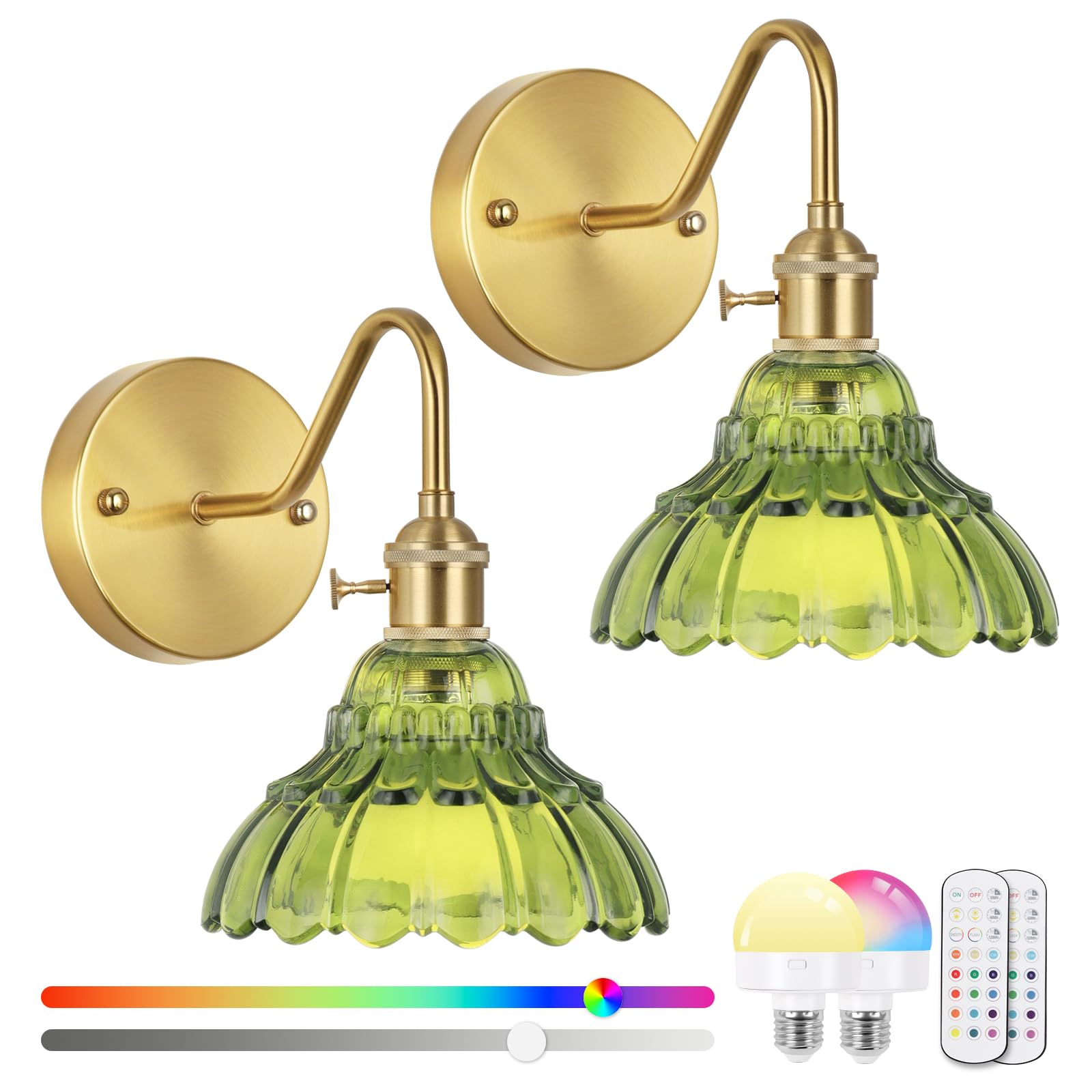 EIDEARAY Vintage Battery Operated Wall Sconces, Rechargeable Wireless RGB Lamps, Dimmable Remote, Brass Green Glass, Model WL-FBBL-DG